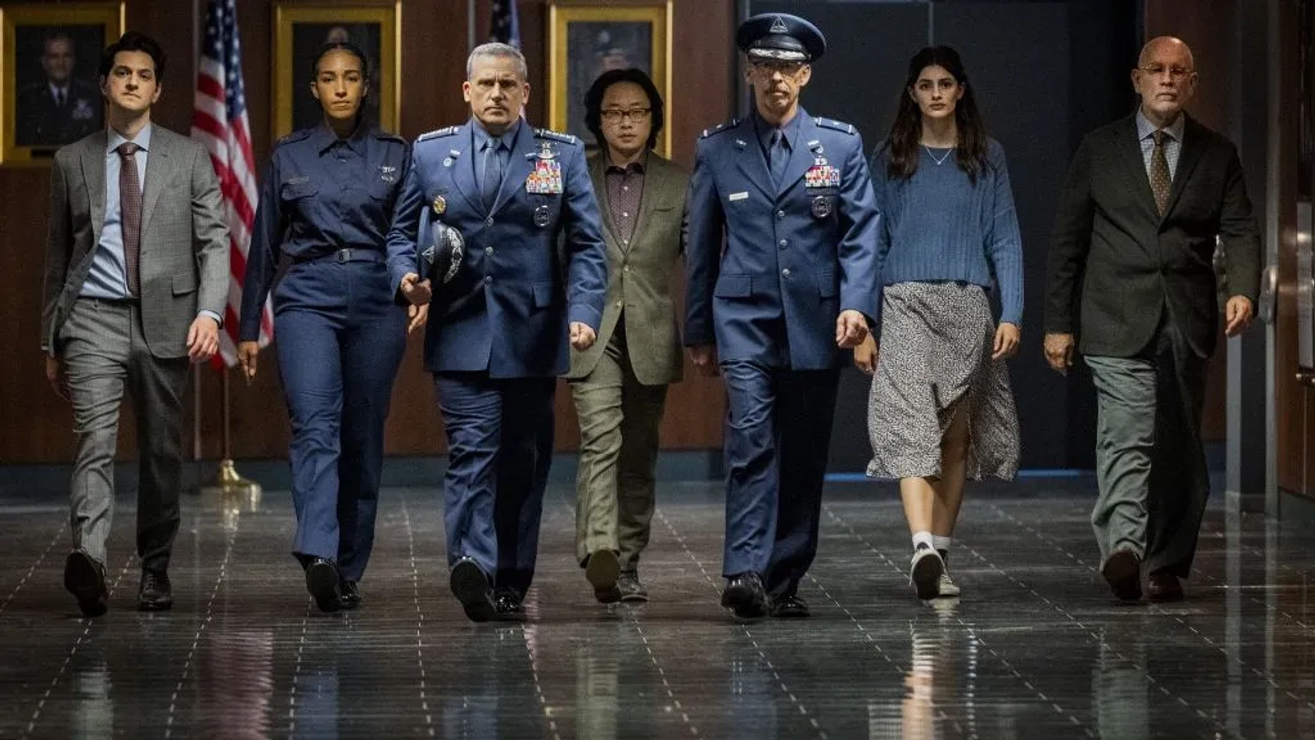 John Malkovich, Steve Carell, Don Lake, Ben Schwartz, Jimmy O. Yang, Tawny Newsome, and Diana Silvers in Space Force: The Inquiry (2022)