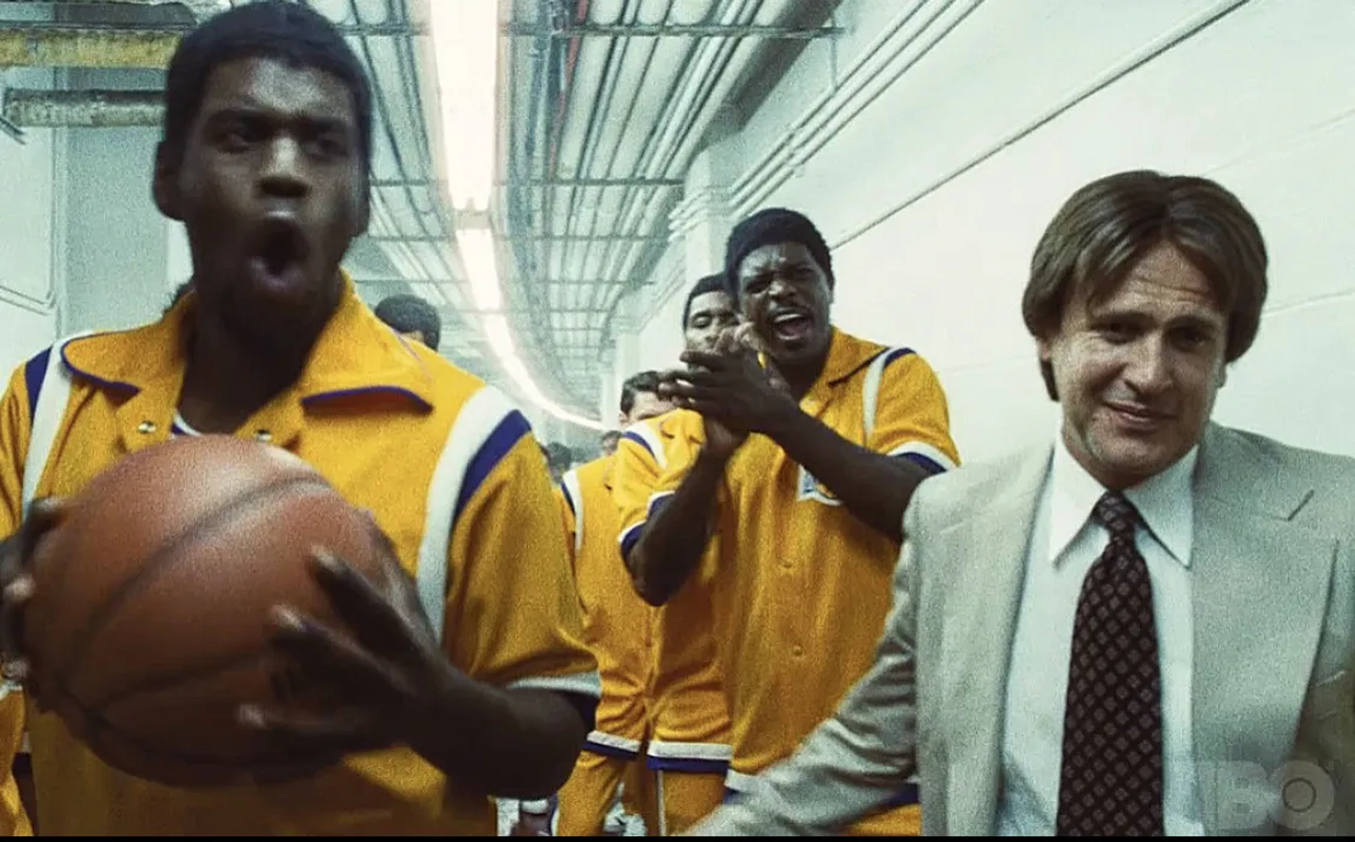 Still of Quincy Isaiah, Newton Mayenge, Wood Harris and Jason Segel in HBO's Winning Time: The Rise of the Lakers Dynasty