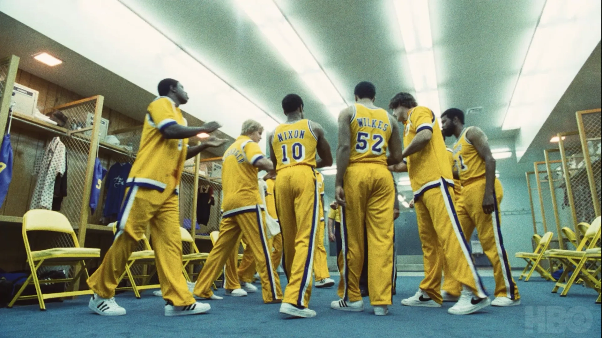 Still of Newton Mayenge, Austin Aaron, Devaughn Nixon, Quincy Isaiah, Wood Harris and Solomon Hughes in HBO's Winning Time: The Rise of the Lakers Dynasty.