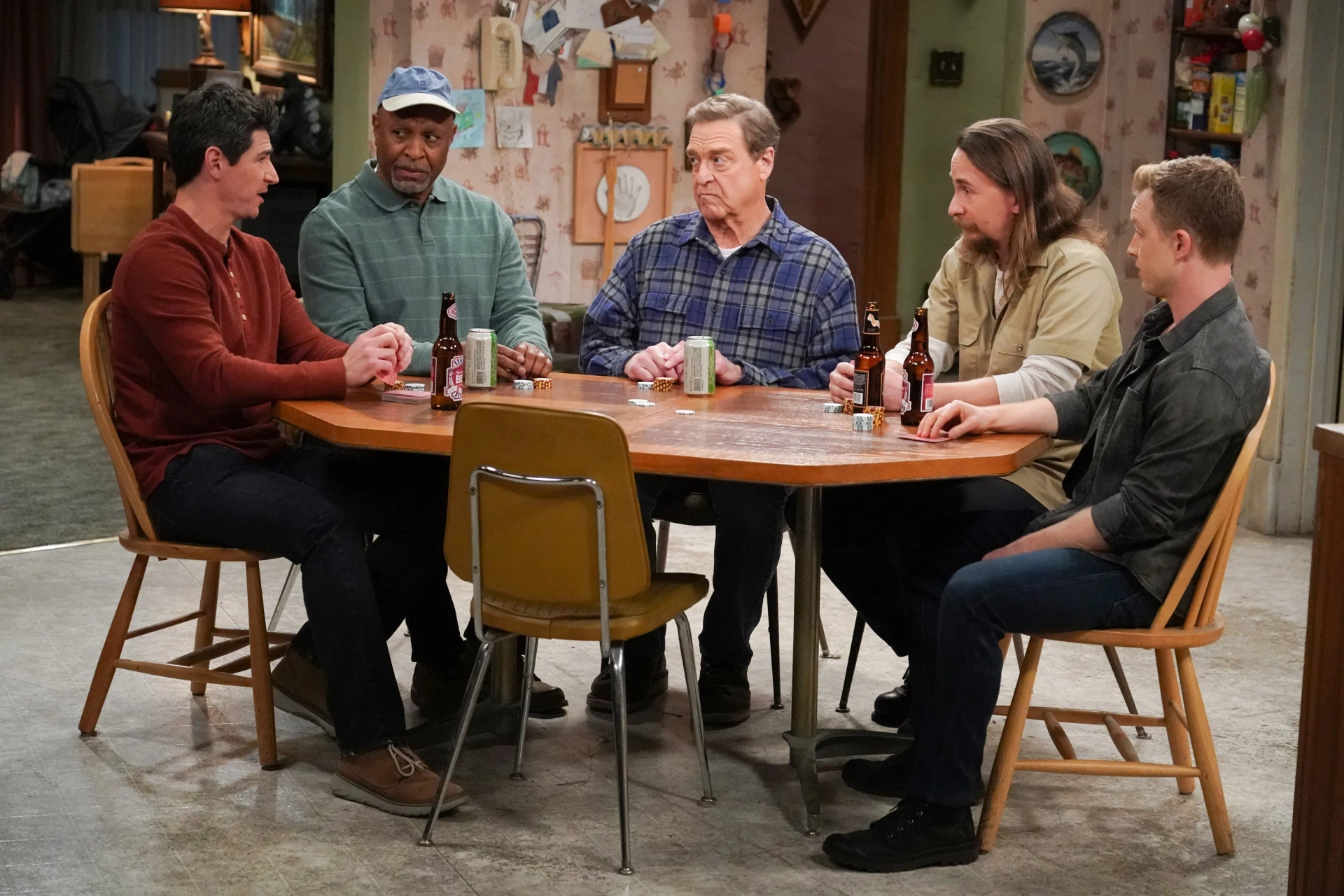 John Goodman, Noel Fisher, Michael Fishman, James Pickens Jr., and Stephen Monroe Taylor in The Conners: CPAPs, Hickeys and Biscuits (2020)