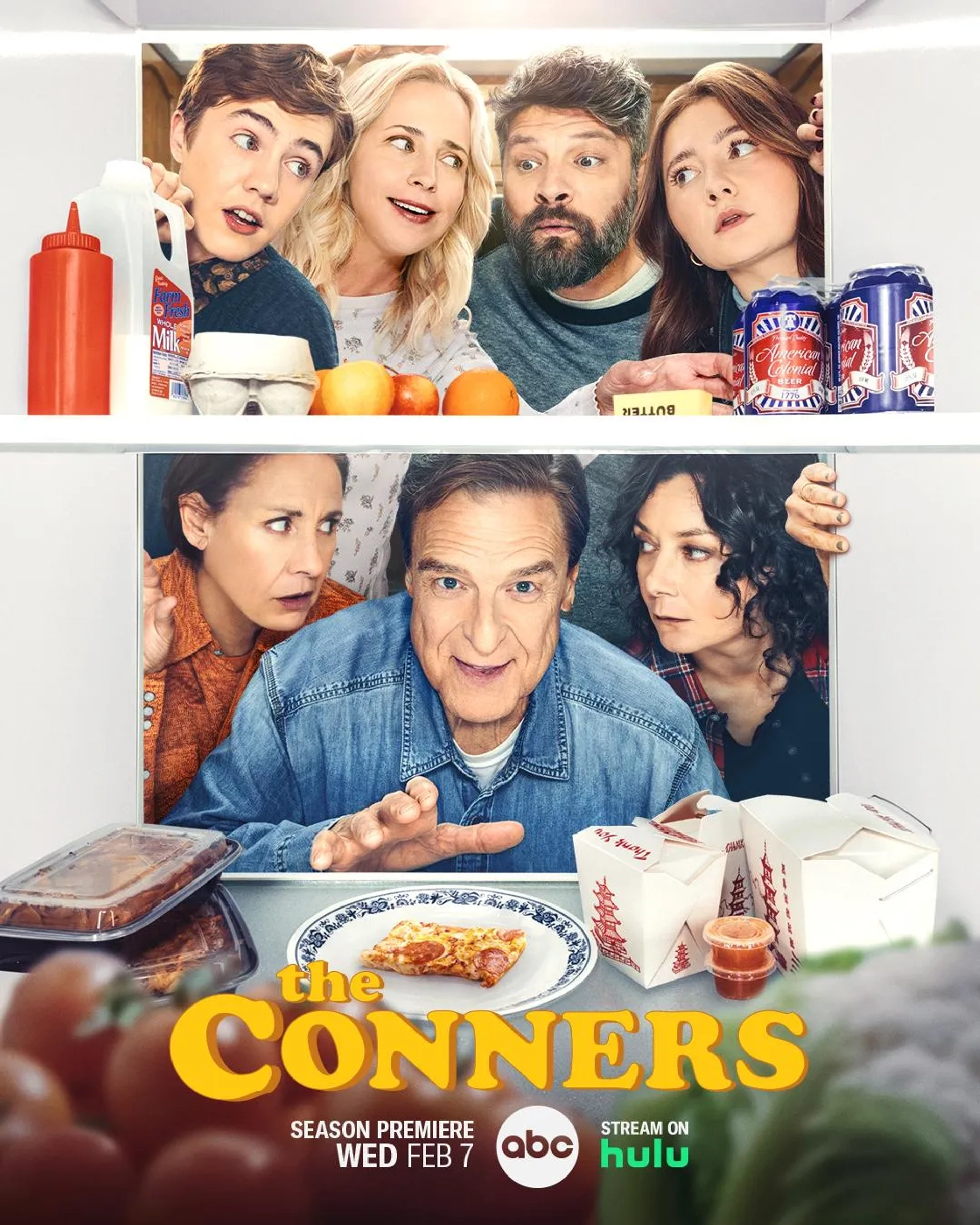 John Goodman, Sara Gilbert, Jay R. Ferguson, Alicia Goranson, Laurie Metcalf, Emma Kenney, and Ames McNamara in The Conners (2018)