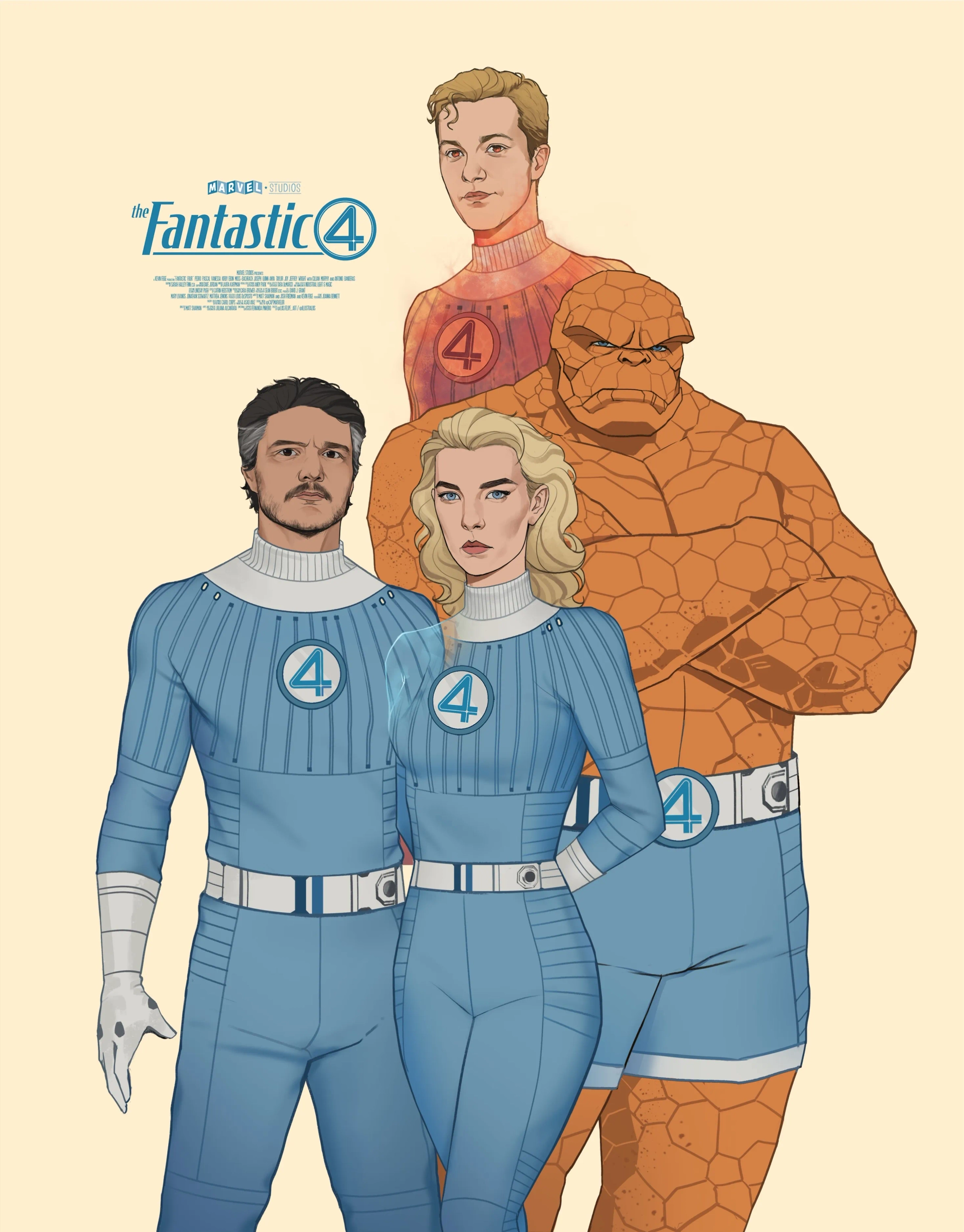 Pedro Pascal, Ebon Moss-Bachrach, Vanessa Kirby, and Joseph Quinn in The Fantastic Four (2025)