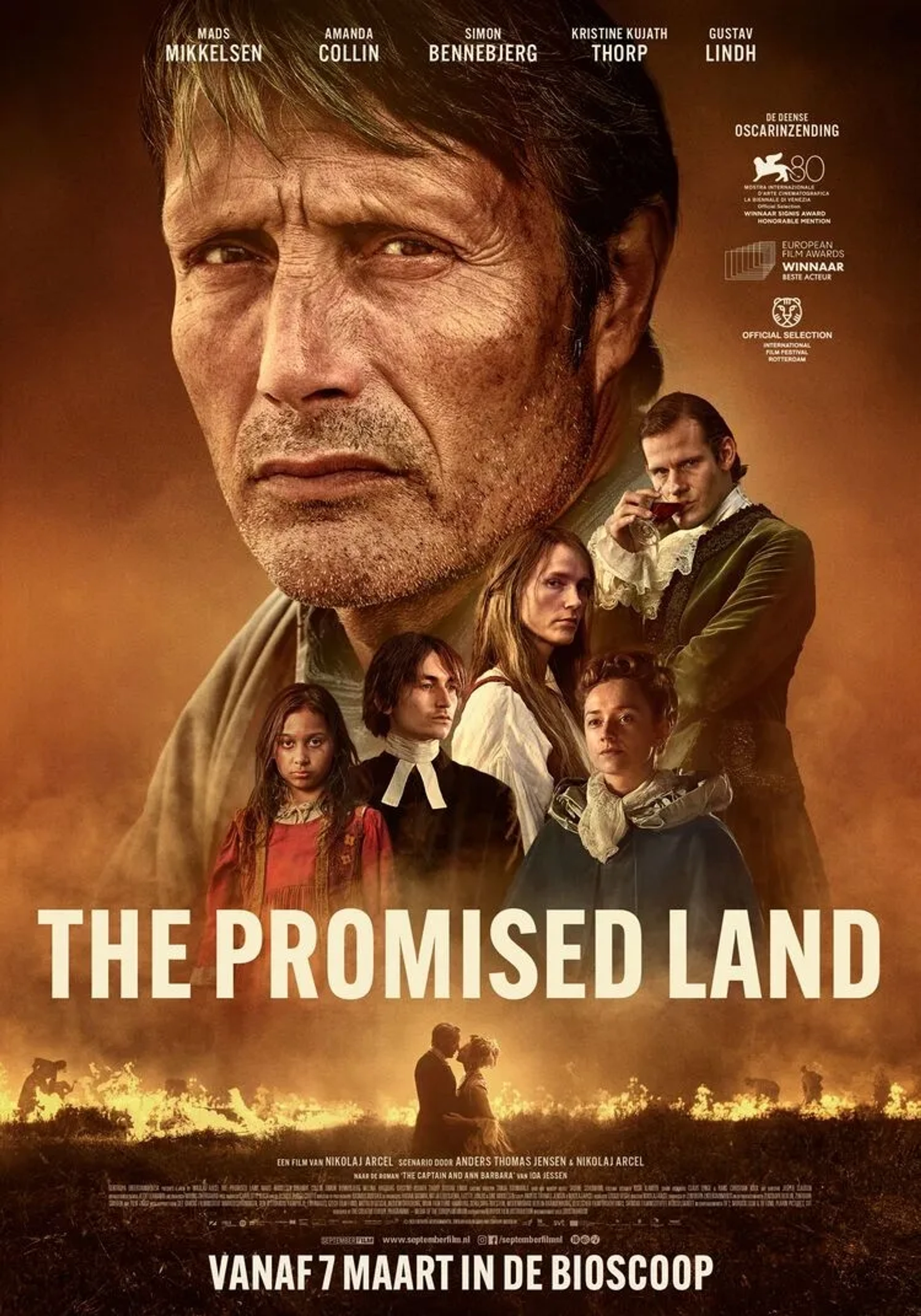 Mads Mikkelsen, Melina Hagberg, Amanda Collin, Kristine Kujath Thorp, Gustav Lindh, and Simon Bennebjerg in The Promised Land (2023)