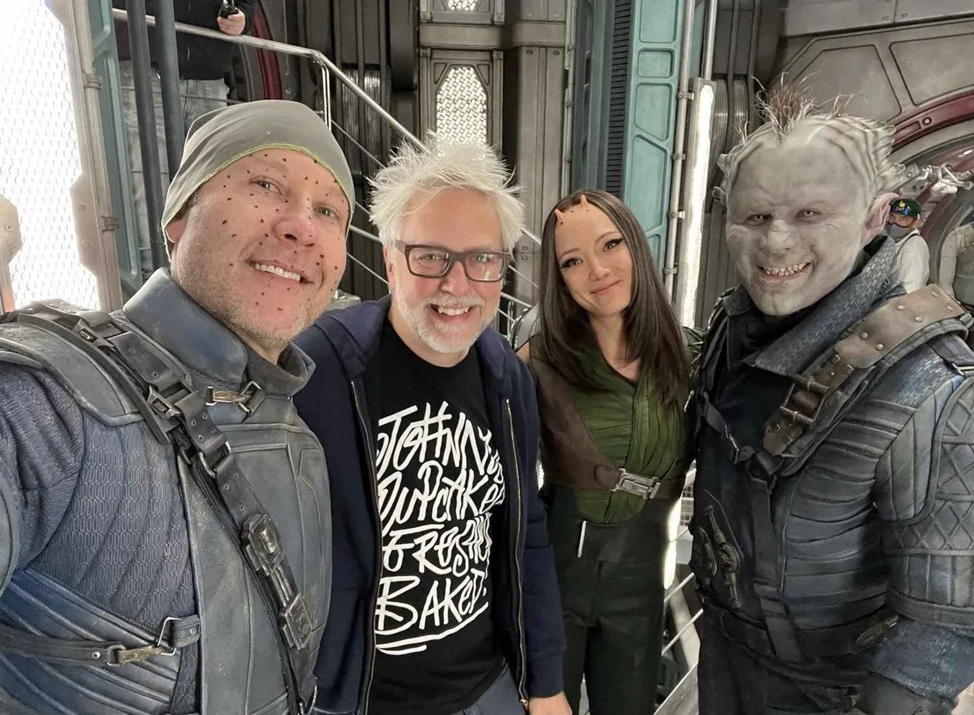 Gerardo Davila as Fitz-Gibbonok pictured with Michael Rosembaum, James Gunn & Pom Klementieff