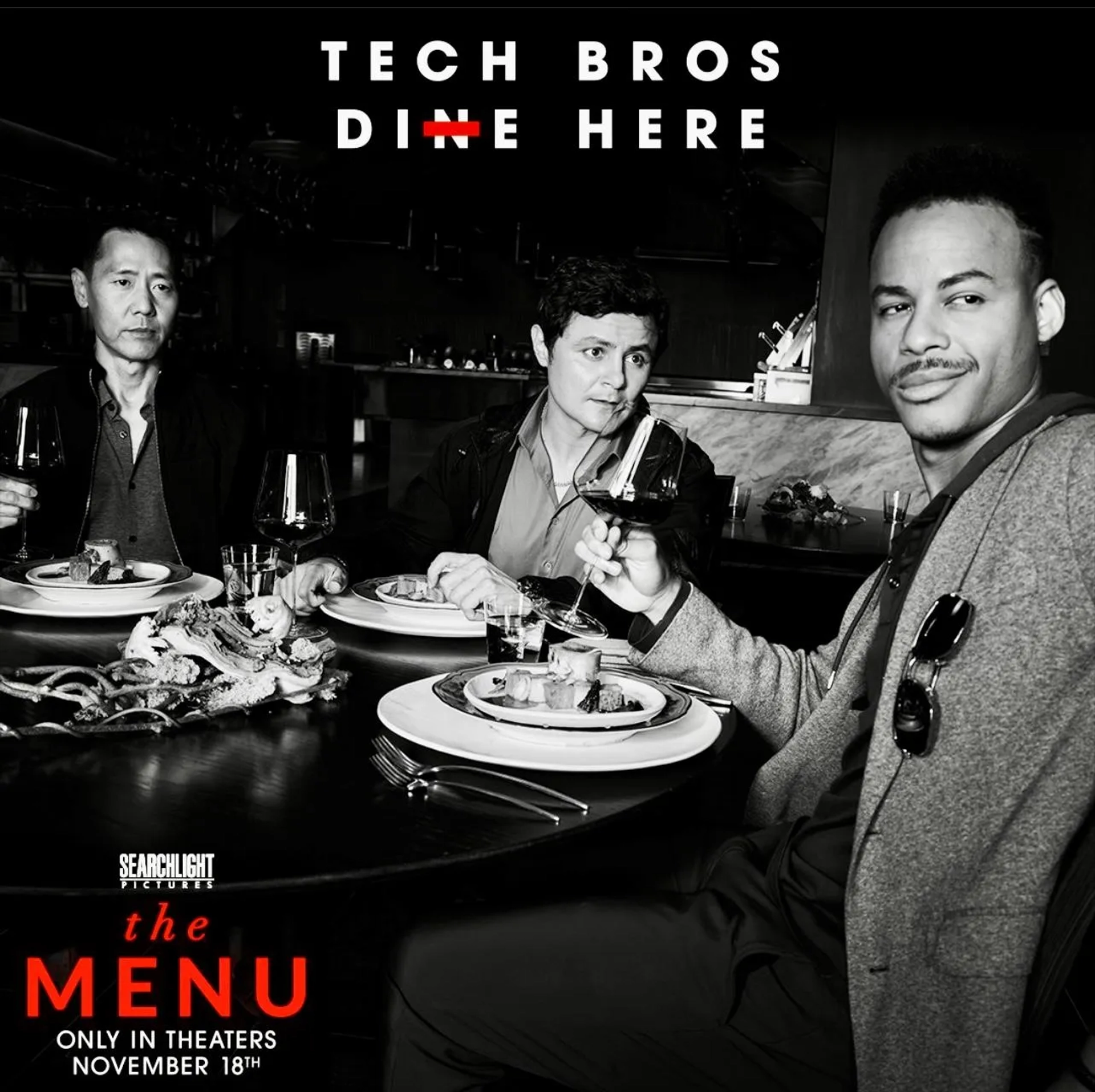 Rob Yang, Arturo Castro and Mark St. Cyr in The Menu