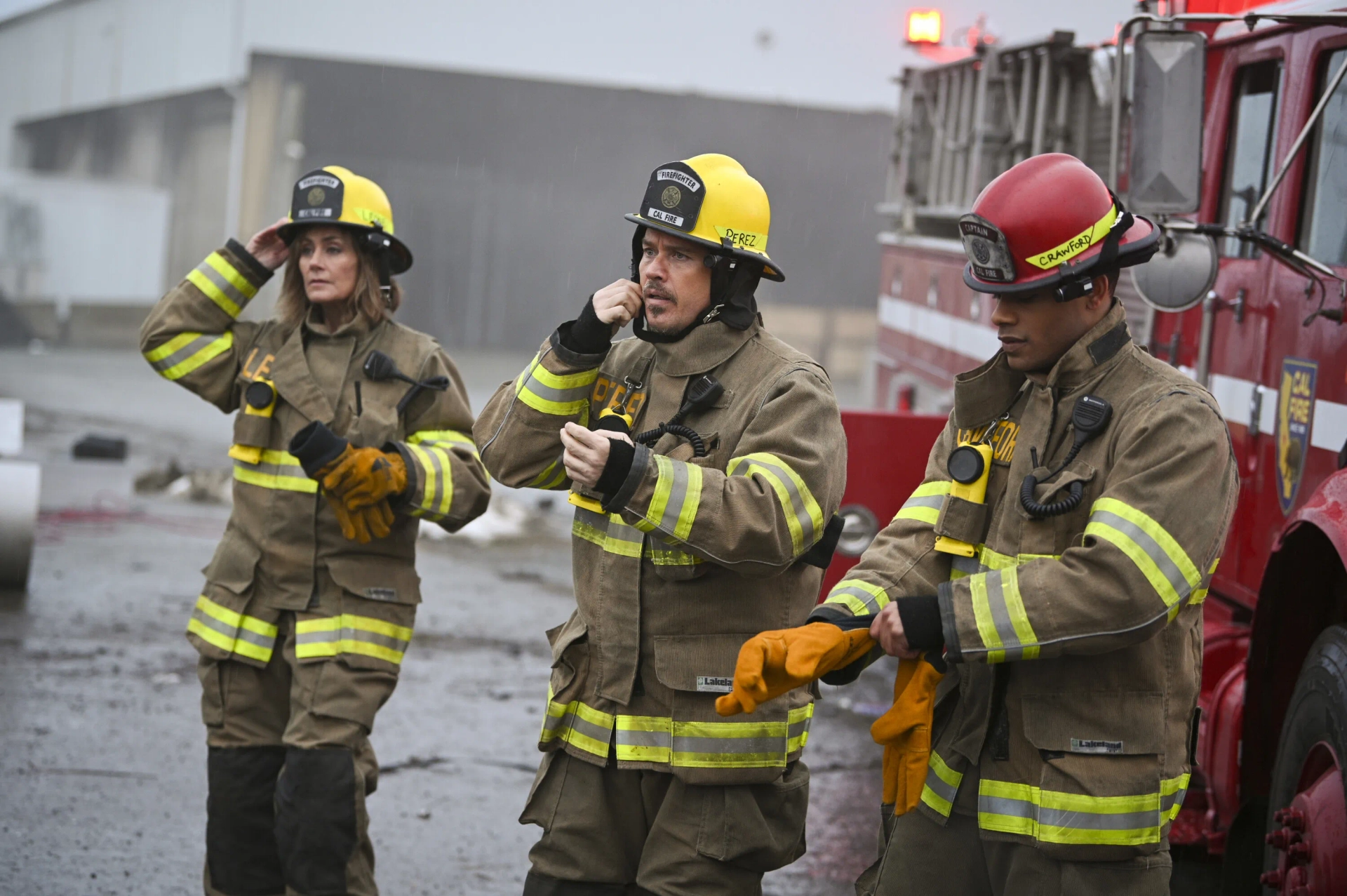 Diane Farr, Kevin Alejandro, and Jordan Calloway in Fire Country (2022)