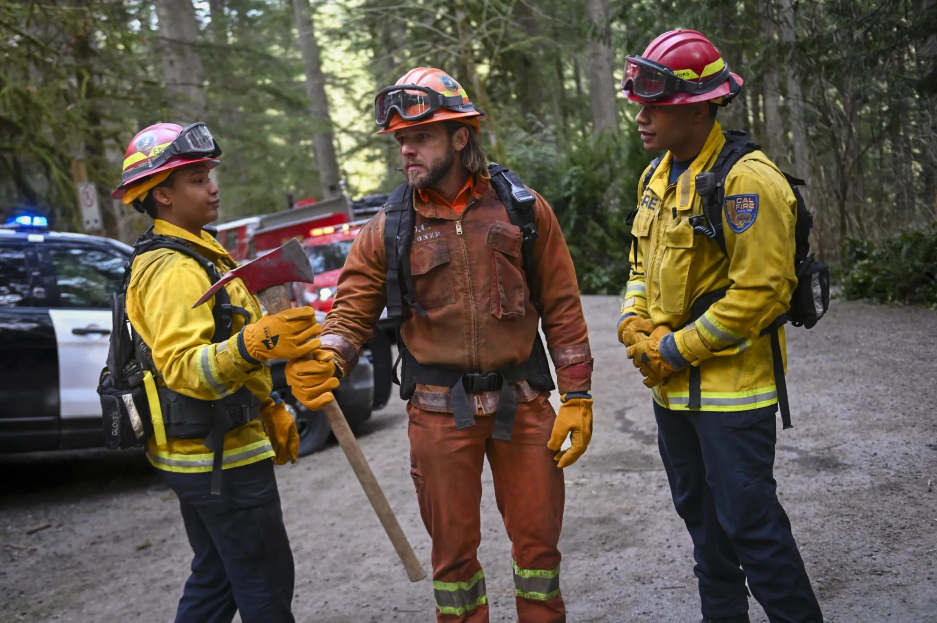 Jules Latimer, Max Thieriot, and Jordan Calloway in Fire Country (2022)