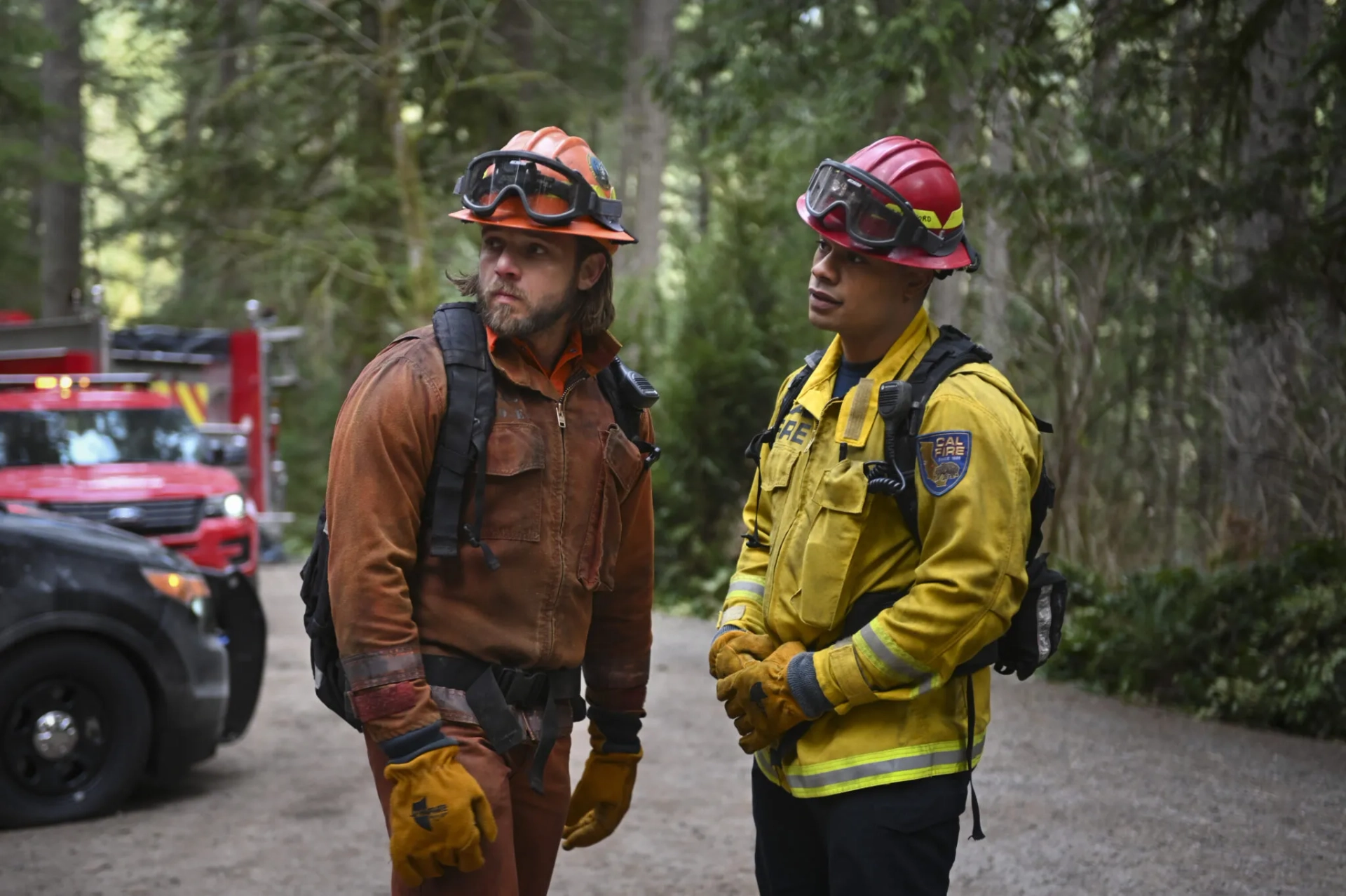 Max Thieriot and Jordan Calloway in Fire Country (2022)