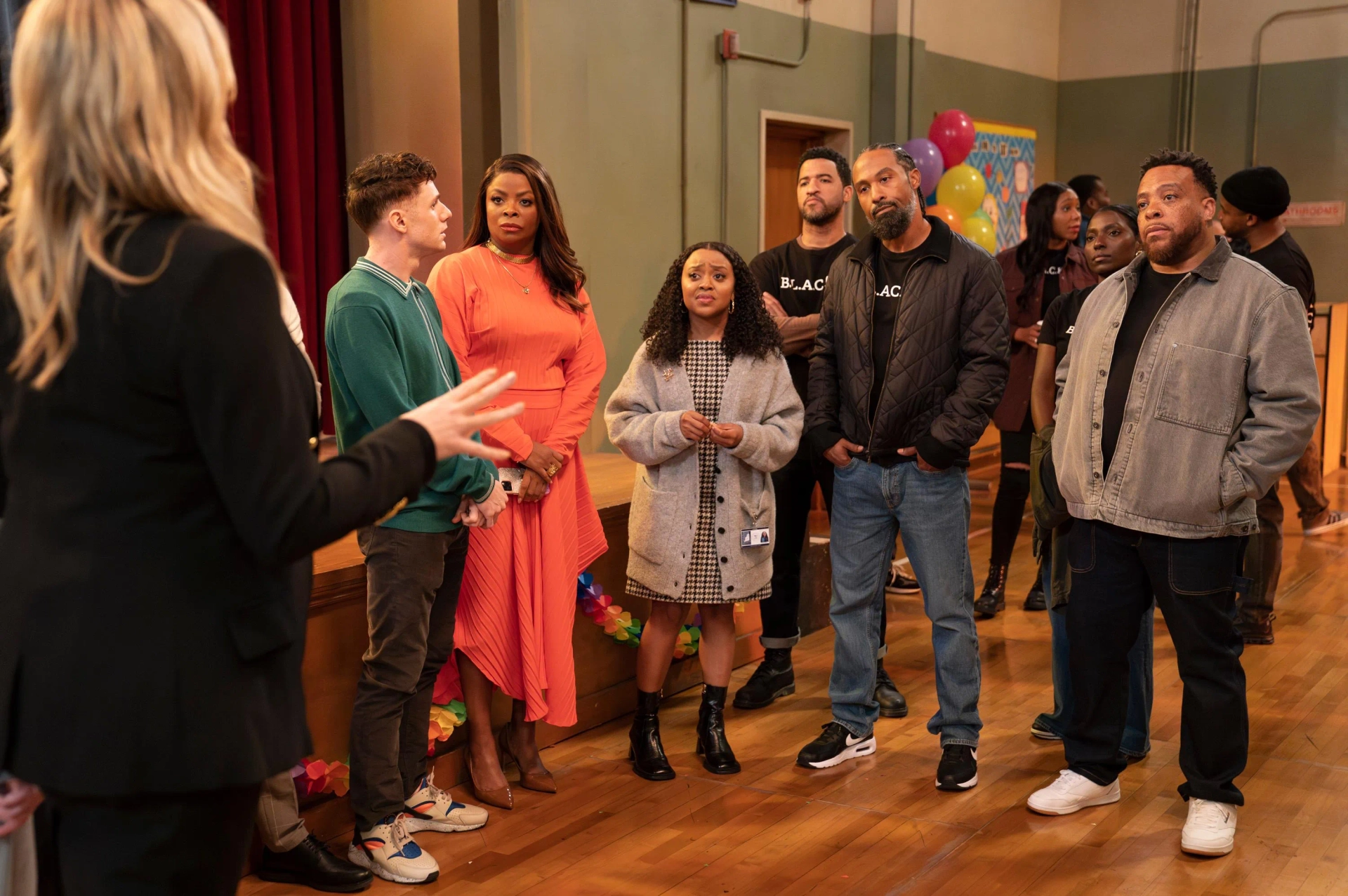 Jensen Atwood, Chris Perfetti, Quinta Brunson, and Janelle James in Abbott Elementary (2021)