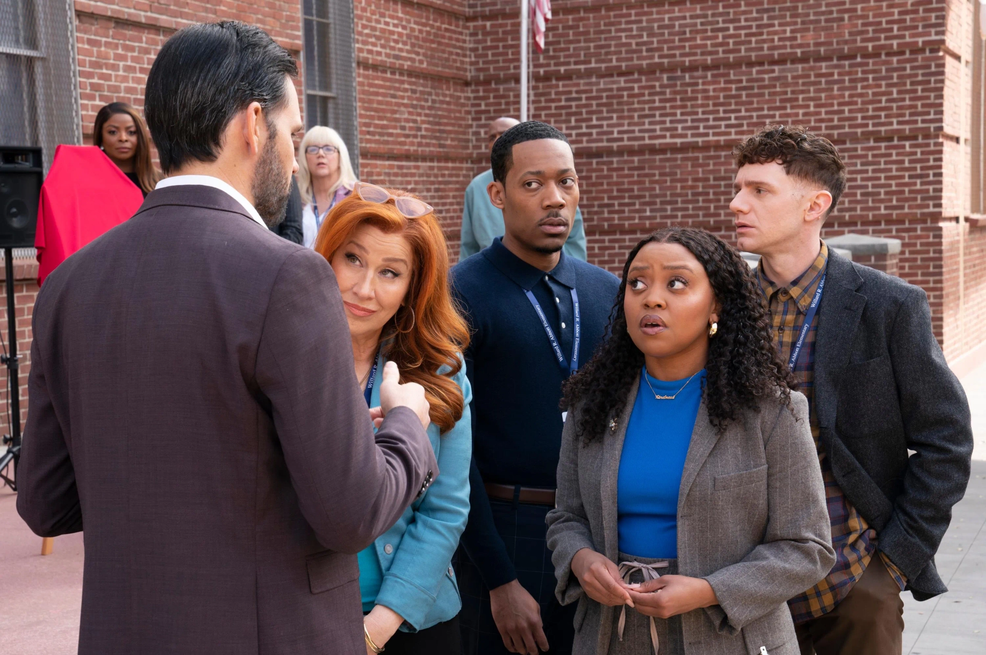 Jennifer Elise Cox, Lisa Ann Walter, David Clayton Rogers, Tyler James Williams, Chris Perfetti, Quinta Brunson, and Janelle James in Abbott Elementary (2021)