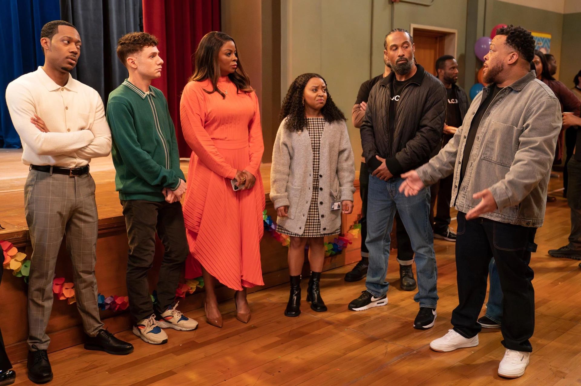 Jensen Atwood, Tyler James Williams, Tahir Moore, Chris Perfetti, Quinta Brunson, and Janelle James in Abbott Elementary (2021)