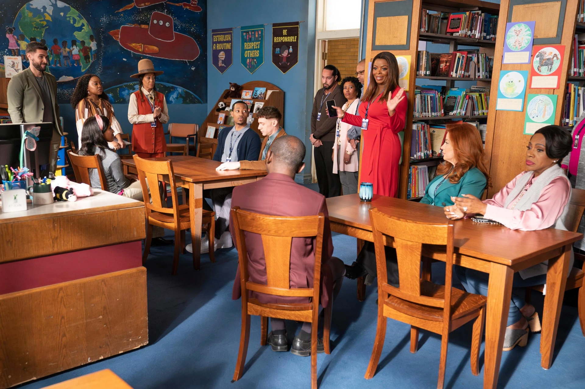 Sheryl Lee Ralph, Cree Summer, Lisa Ann Walter, Tyler James Williams, Josh Segarra, Chris Perfetti, Quinta Brunson, and Janelle James in Abbott Elementary (2021)