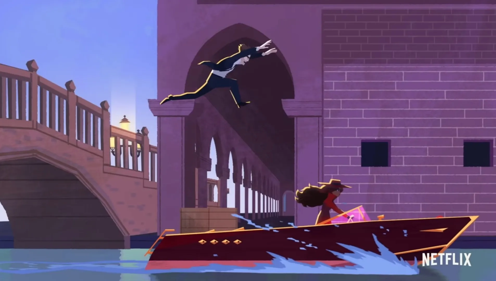 Rafael Petardi and Gina Rodriguez in Carmen Sandiego: The Masks of Venice Caper (2020)