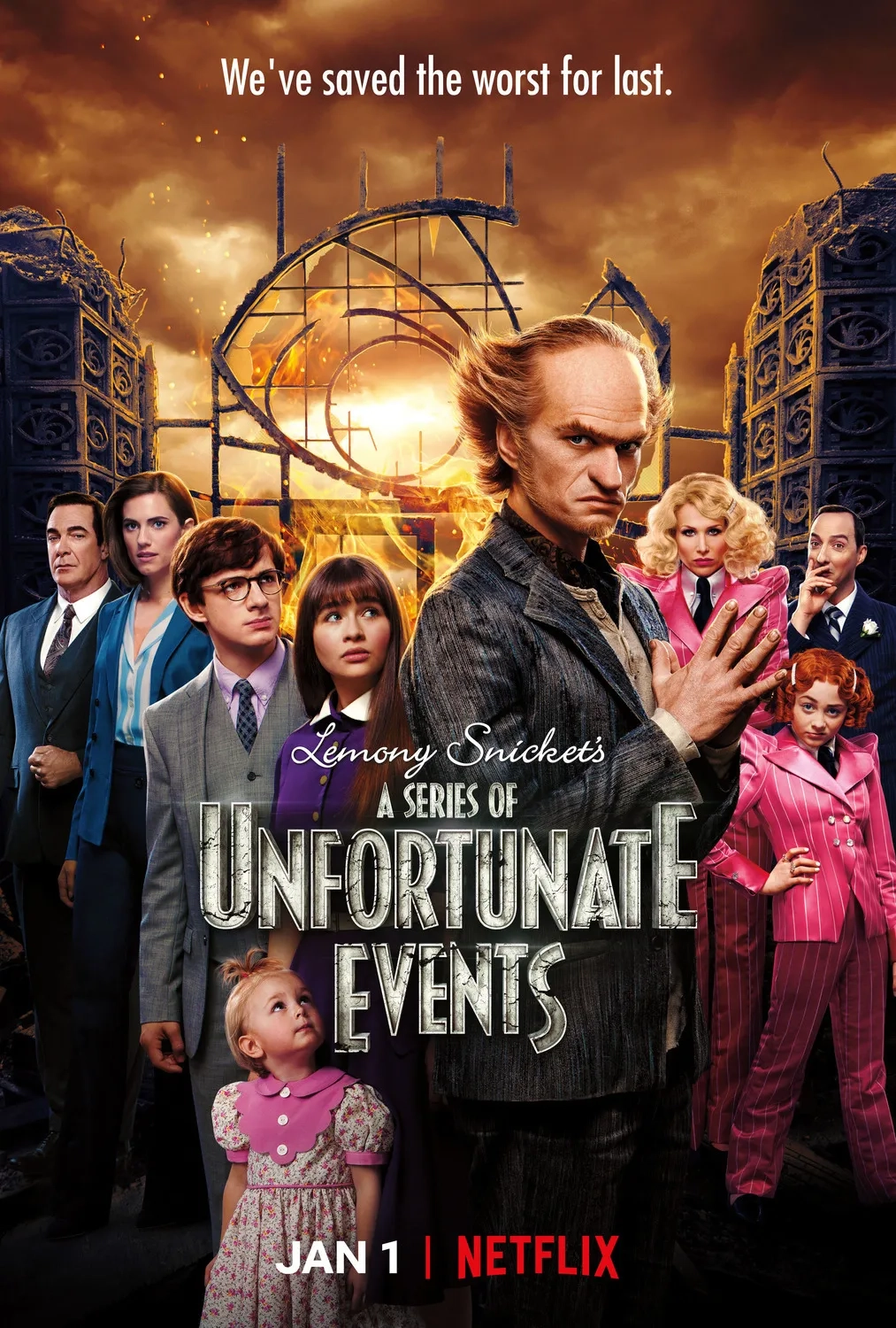 Neil Patrick Harris, Tony Hale, Lucy Punch, Patrick Warburton, Allison Williams, Malina Pauli Weissman, Kitana Turnbull, Louis Hynes, and Presley Smith in A Series of Unfortunate Events (2017)
