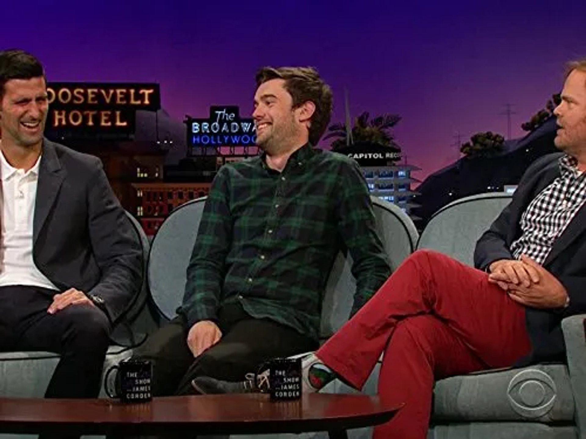 Rainn Wilson, Novak Djokovic, and Jack Whitehall in The Late Late Show with James Corden (2015)