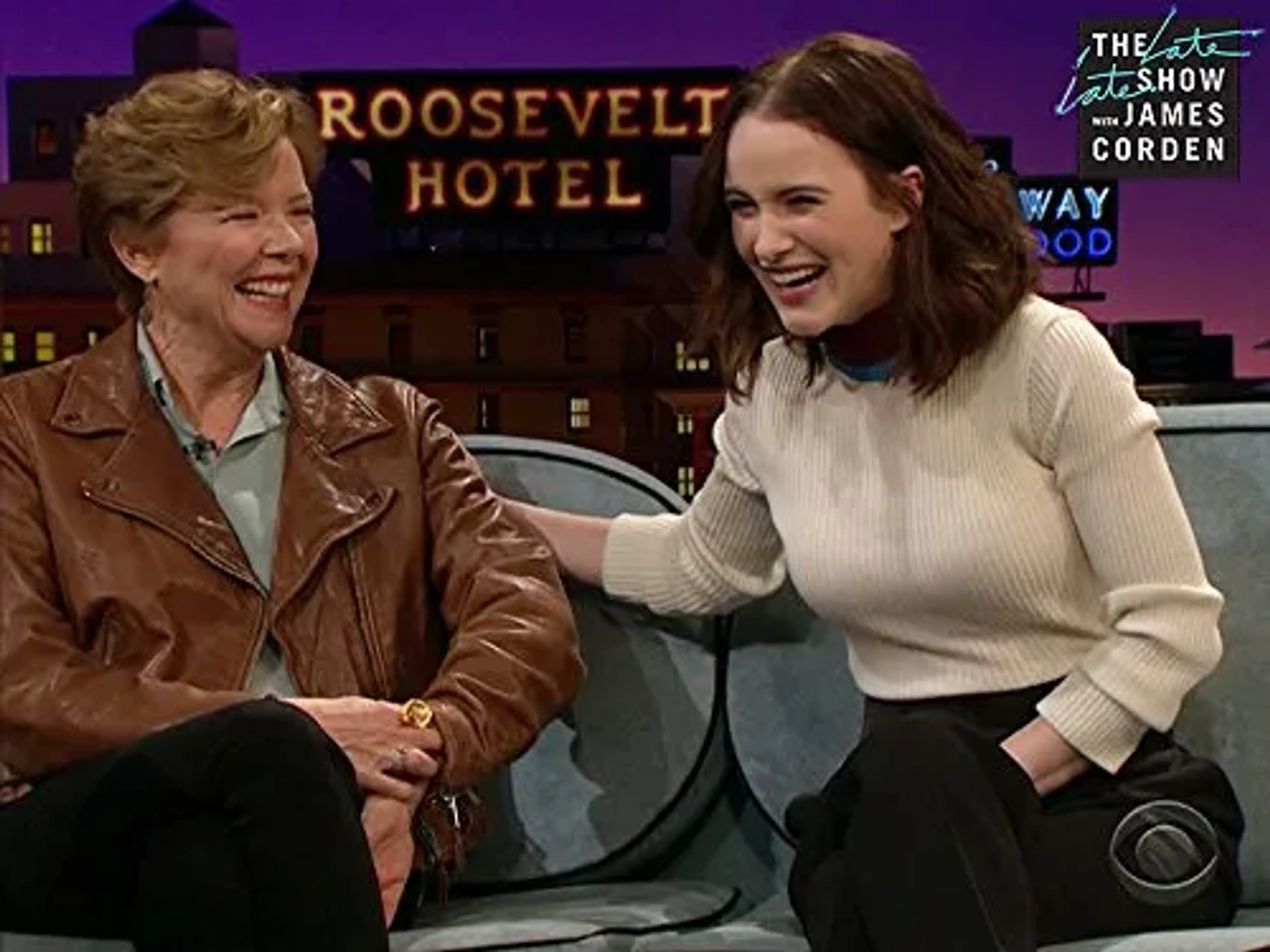 Annette Bening and Rachel Brosnahan in The Late Late Show with James Corden (2015)