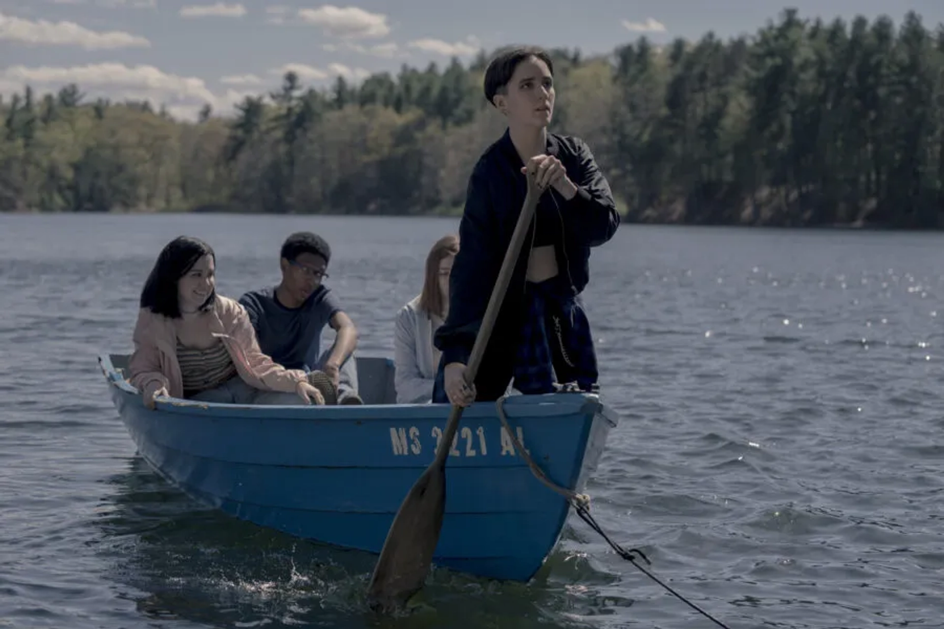 Tenea Intriago with Elsie Fisher, Skylan Brooks, and Abby Corrigan in Castle Rock: Season Two, Episode 3.