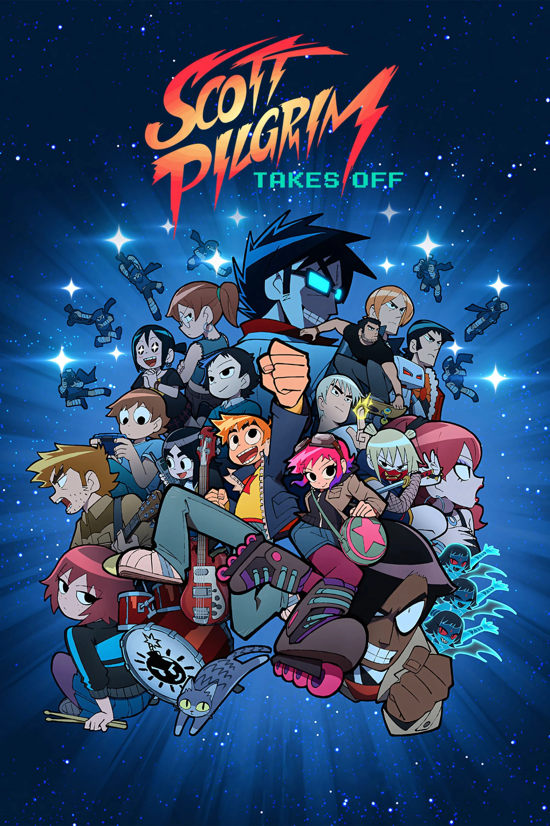 Kieran Culkin, Jason Schwartzman, Michael Cera, Chris Evans, Anna Kendrick, Brie Larson, Alison Pill, Brandon Routh, Mark Webber, Mae Whitman, Mary Elizabeth Winstead, Satya Bhabha, Aubrey Plaza, Johnny Simmons, Ellen Wong, and Shunsuke Takeuchi in Scott Pilgrim Takes Off (2023)