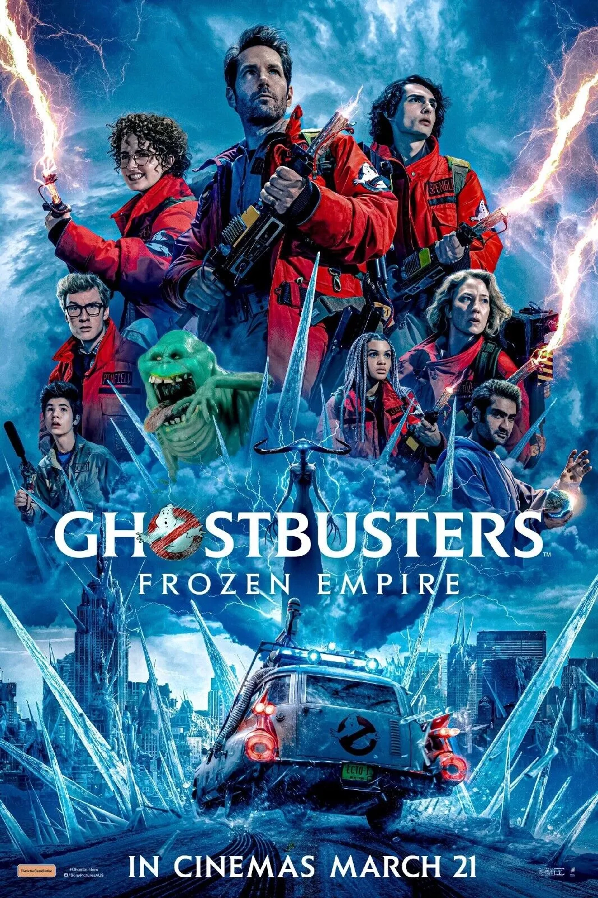 Dan Aykroyd, Bill Murray, Annie Potts, Paul Rudd, Logan Kim, Kevin Mangold, Ian Whyte, Kumail Nanjiani, Carrie Coon, Mckenna Grace, Finn Wolfhard, and Celeste O'Connor in Ghostbusters: Frozen Empire (2024)