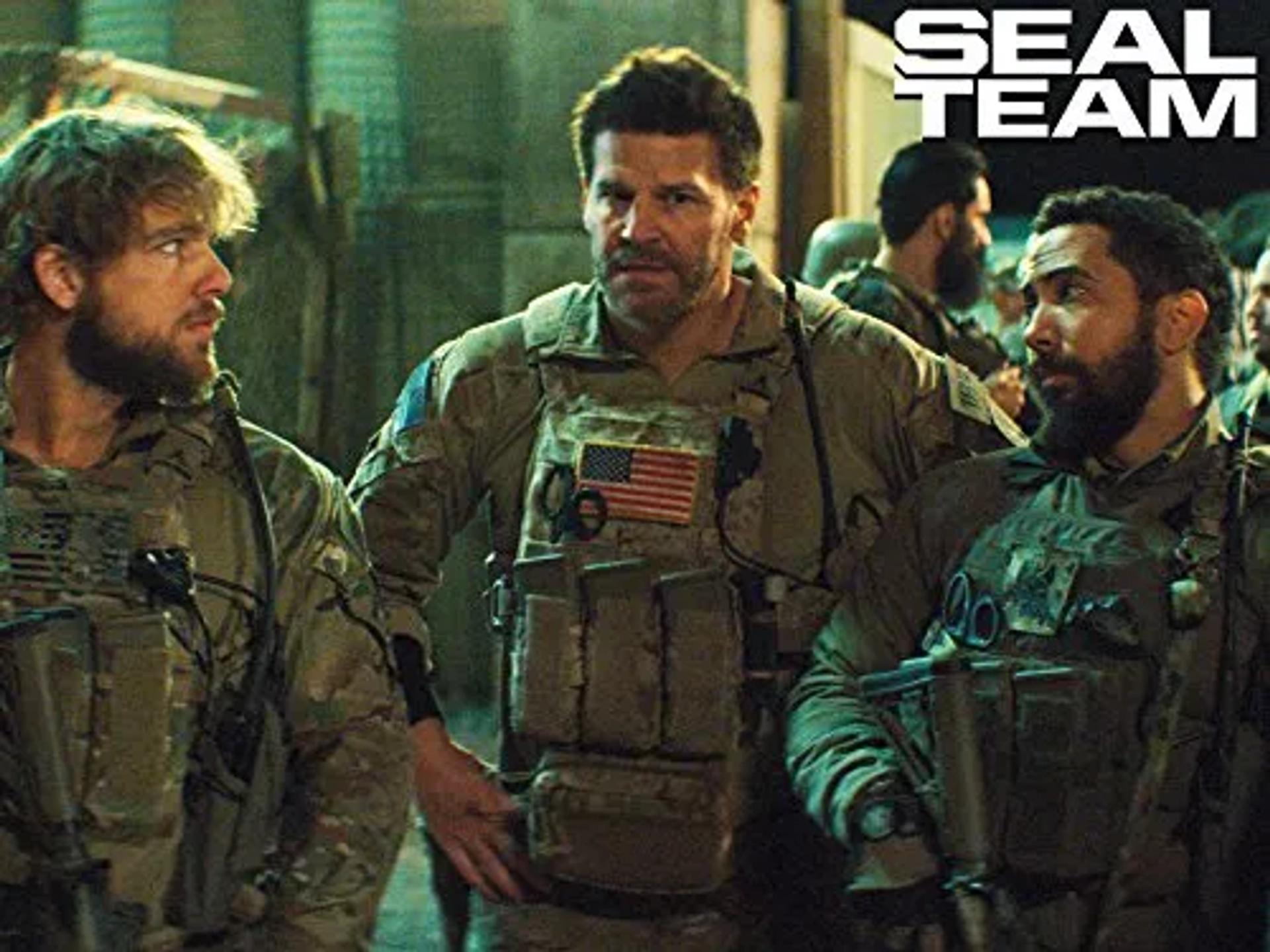 David Boreanaz, Neil Brown Jr., and Max Thieriot in SEAL Team (2017)