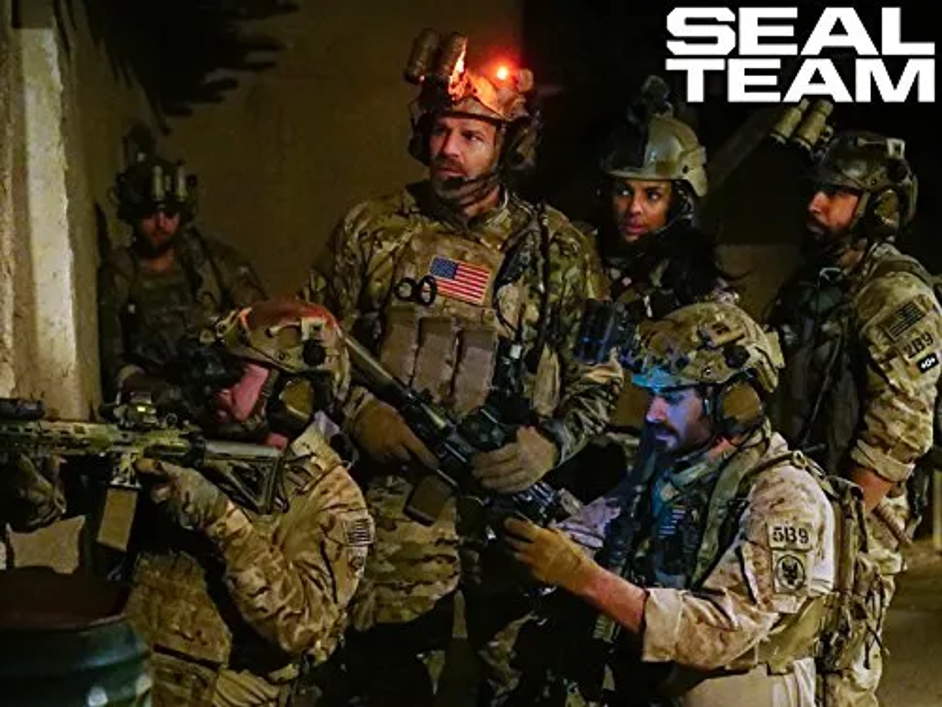 David Boreanaz, Neil Brown Jr., A.J. Buckley, Tyler Grey, Marsha Thomason, Max Thieriot, Justin Melnick, and Dita The Hair Missile Dog in SEAL Team (2017)