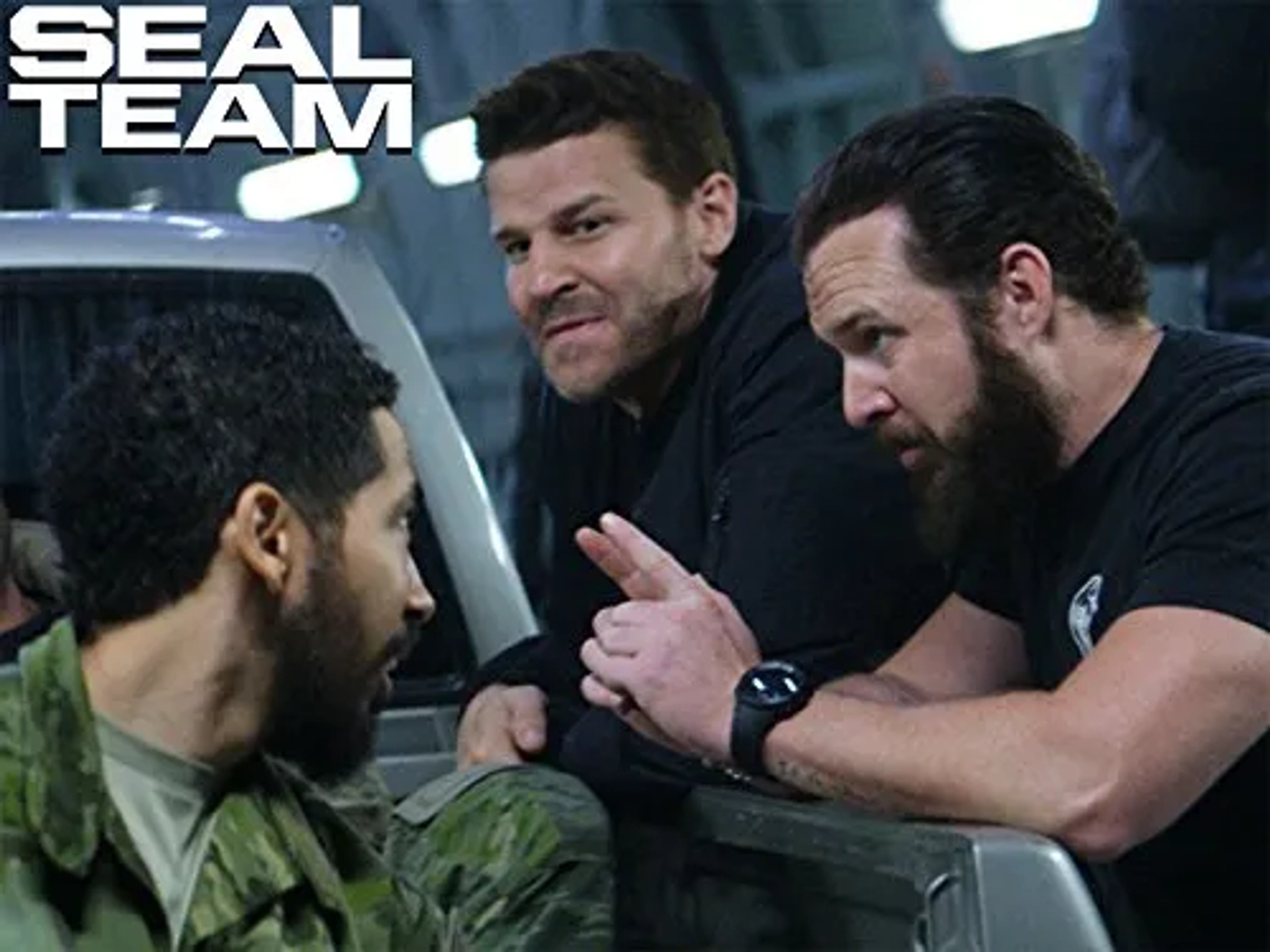 David Boreanaz, Neil Brown Jr., and A.J. Buckley in SEAL Team (2017)