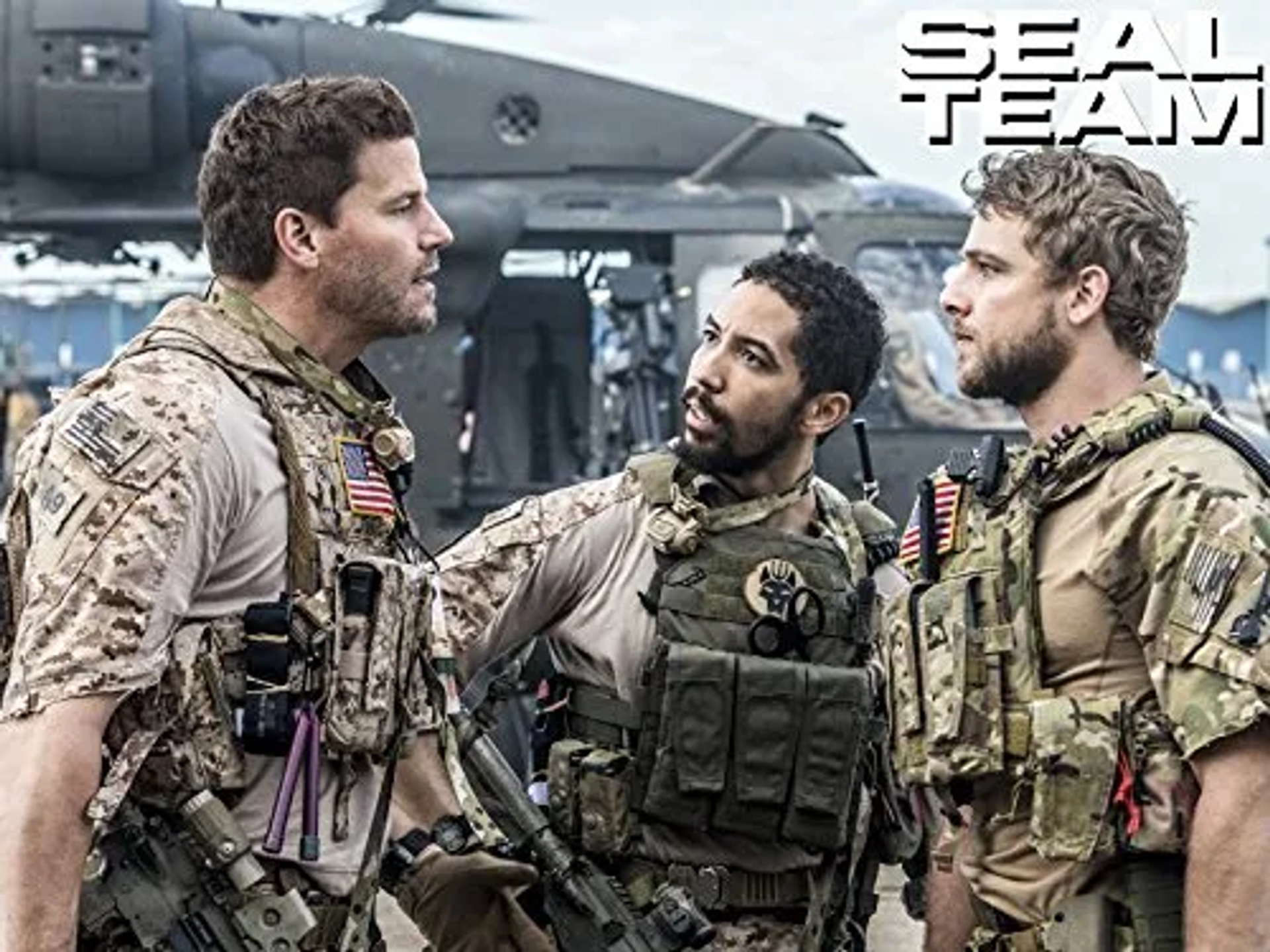 David Boreanaz, Neil Brown Jr., and Max Thieriot in SEAL Team (2017)