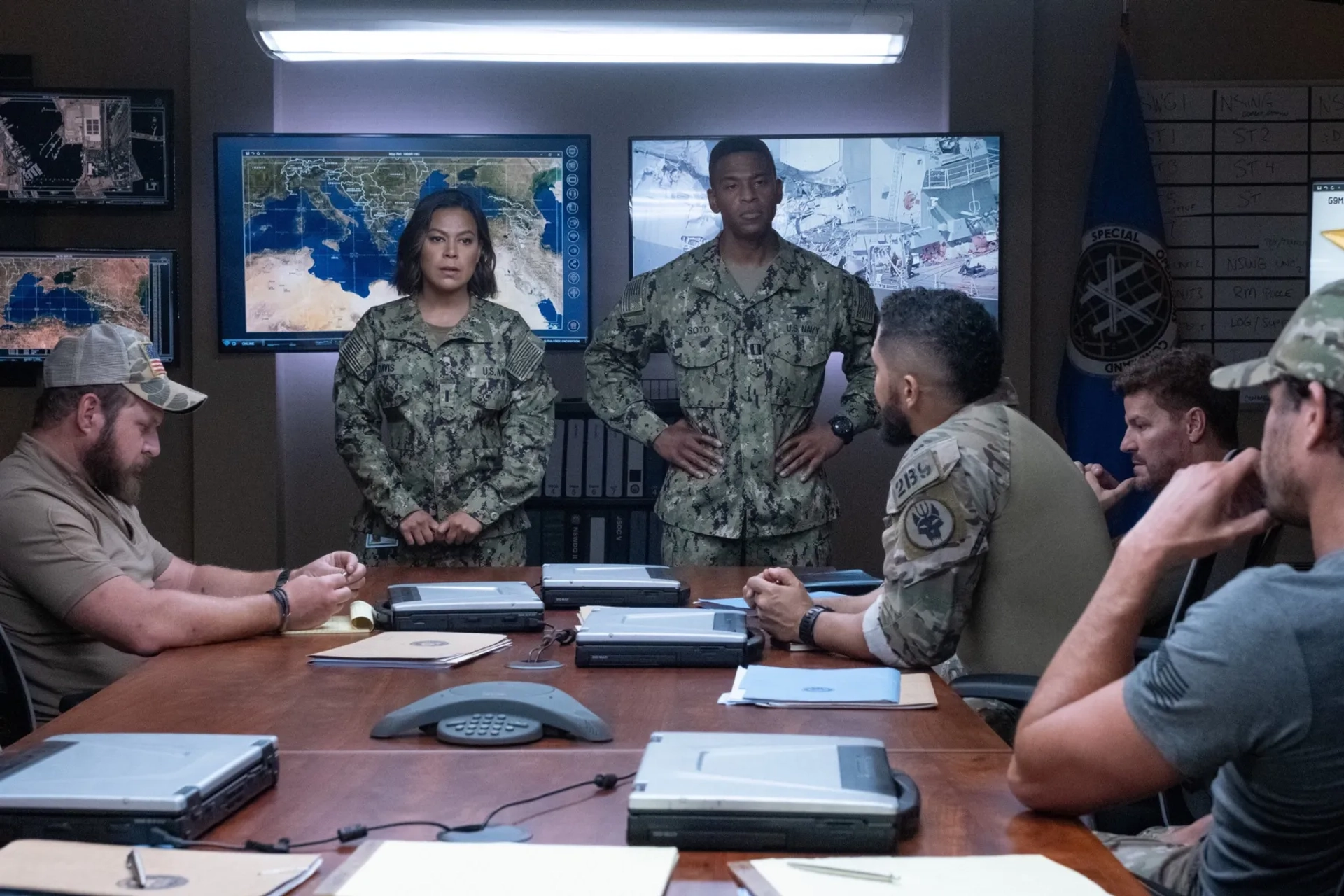 David Boreanaz, Neil Brown Jr., A.J. Buckley, Toni Trucks, Mike Wade, and Justin Melnick in SEAL Team: Crawl, Walk, Run (2022)