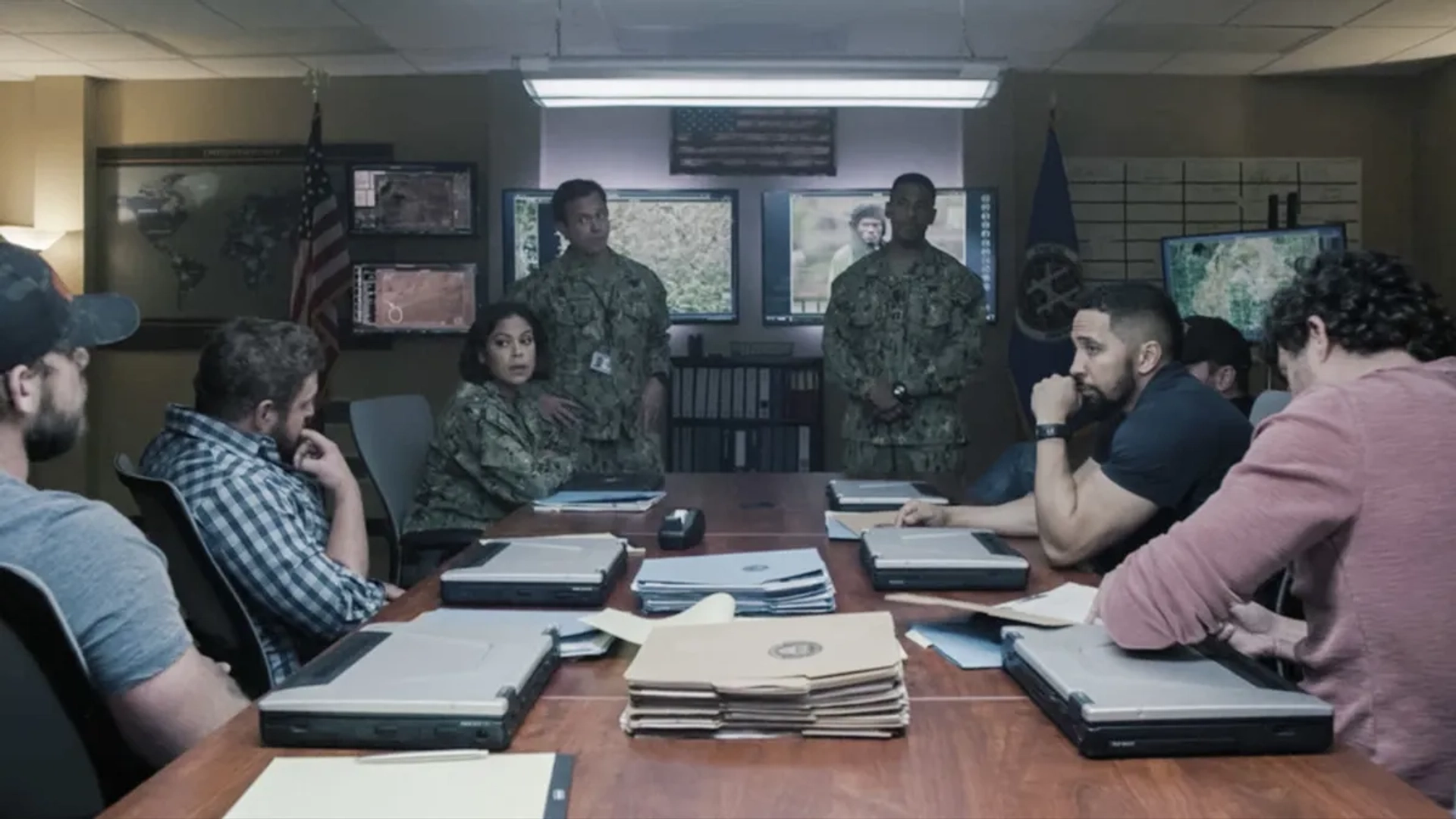 David Boreanaz, Neil Brown Jr., A.J. Buckley, Max Thieriot, Judd Lormand, Toni Trucks, Mike Wade, and Justin Melnick in SEAL Team: All Bravo Stations (2022)