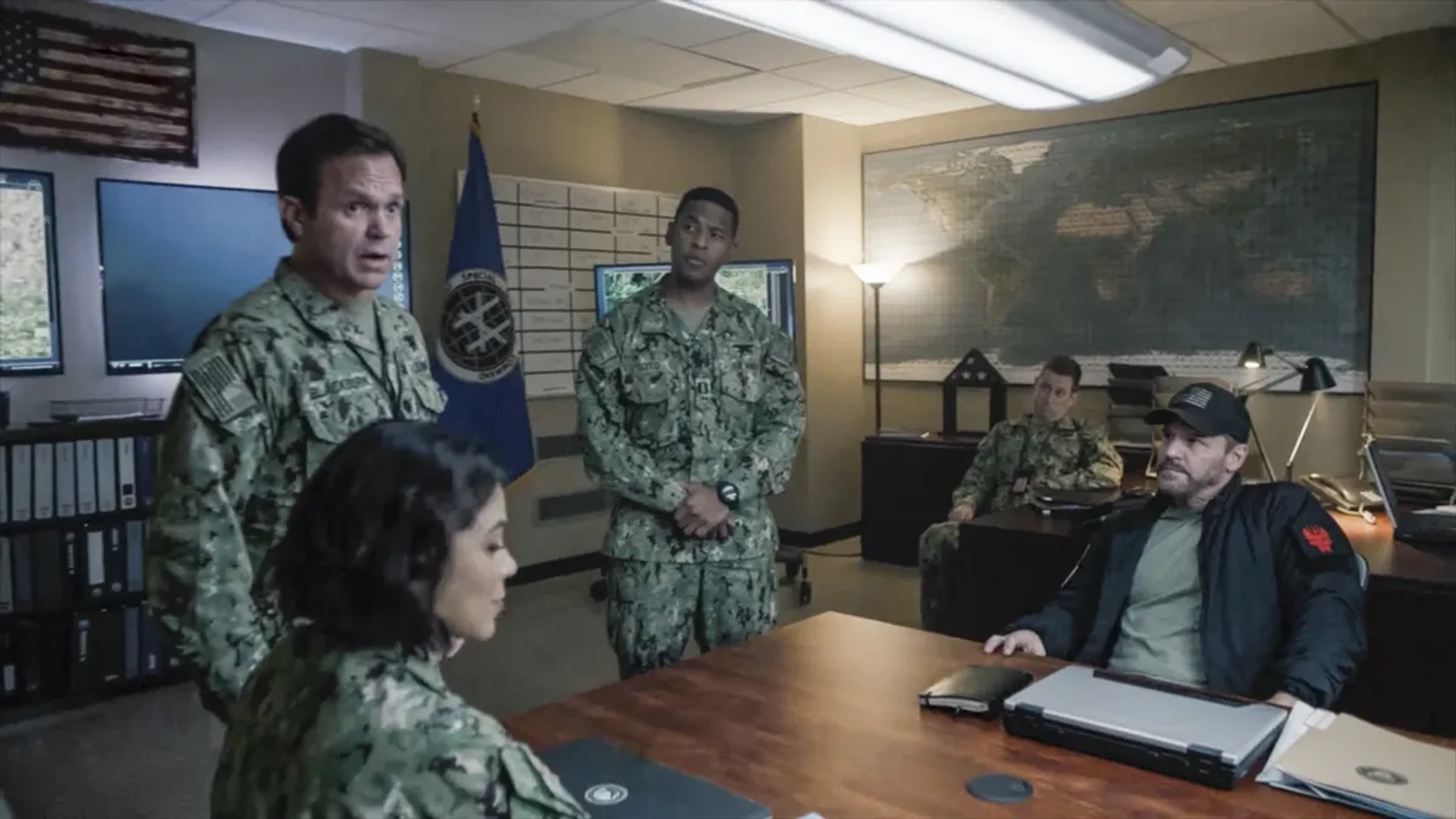 David Boreanaz, Judd Lormand, Toni Trucks, and Mike Wade in SEAL Team: All Bravo Stations (2022)