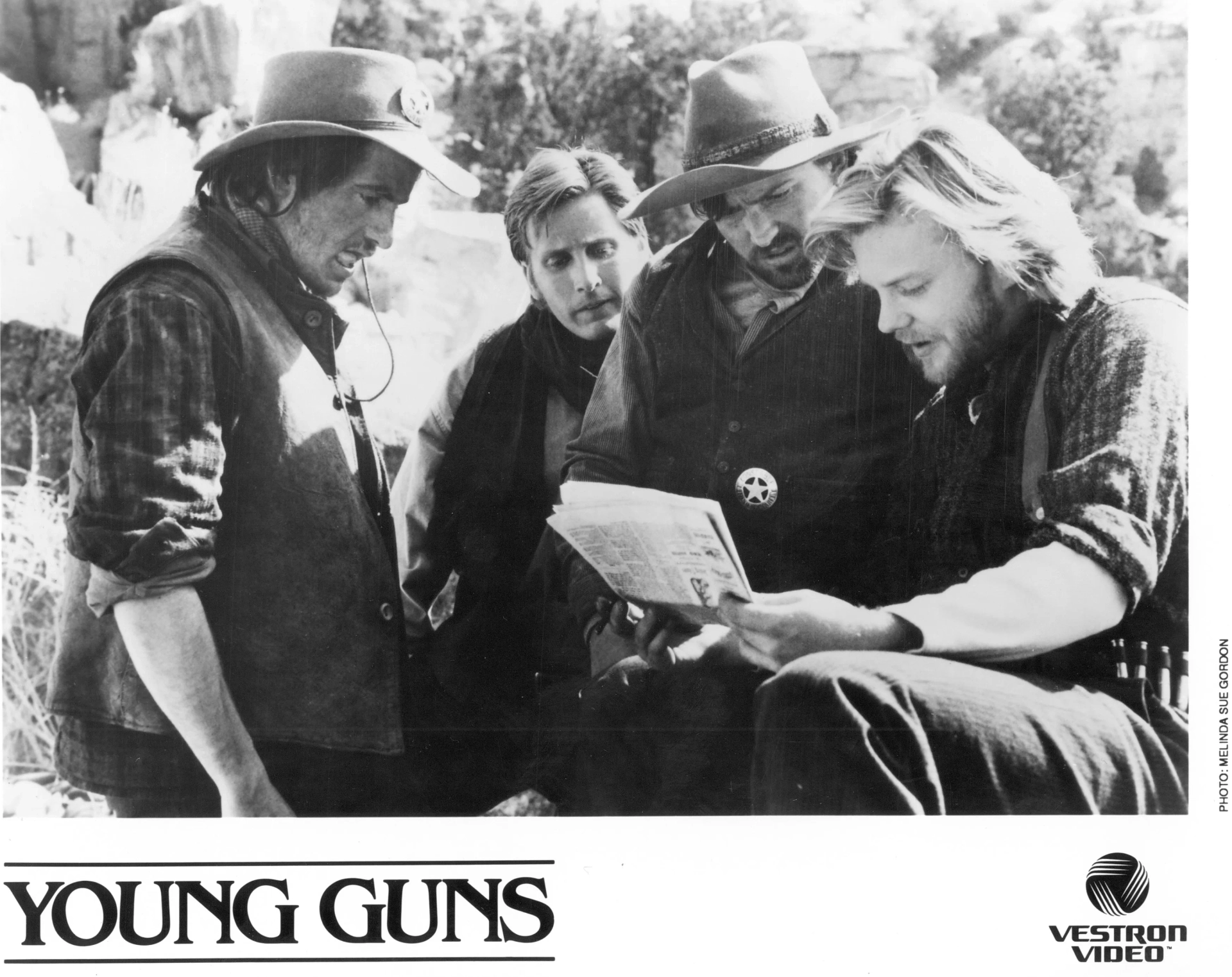 Emilio Estevez, Dermot Mulroney, Kiefer Sutherland, and Casey Siemaszko in Young Guns (1988)