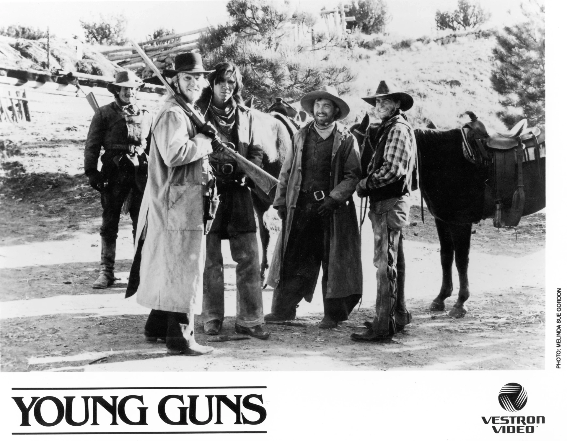 Emilio Estevez, Dermot Mulroney, Kiefer Sutherland, Lou Diamond Phillips, and Casey Siemaszko in Young Guns (1988)