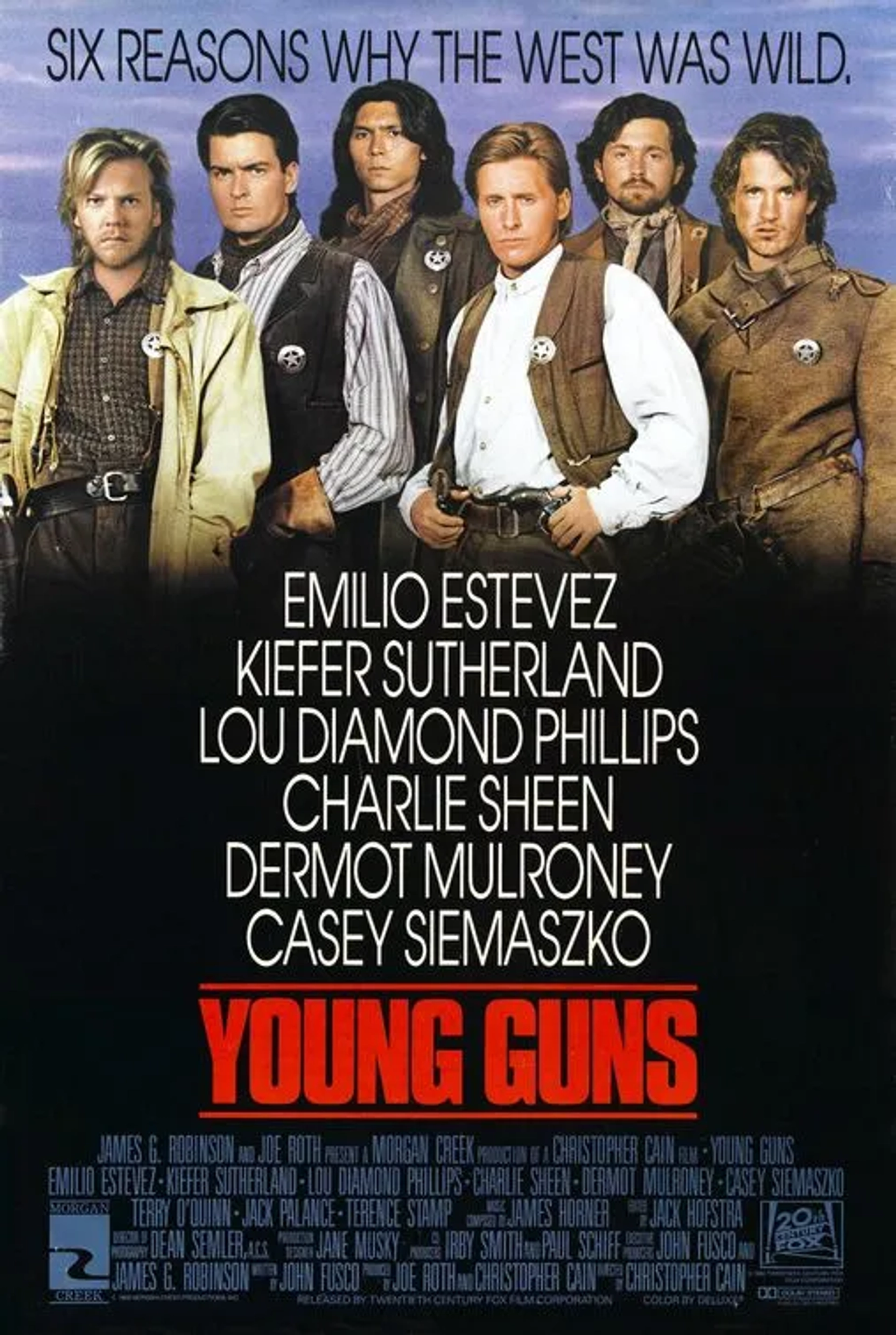 Charlie Sheen, Emilio Estevez, Dermot Mulroney, Kiefer Sutherland, Lou Diamond Phillips, and Casey Siemaszko in Young Guns (1988)