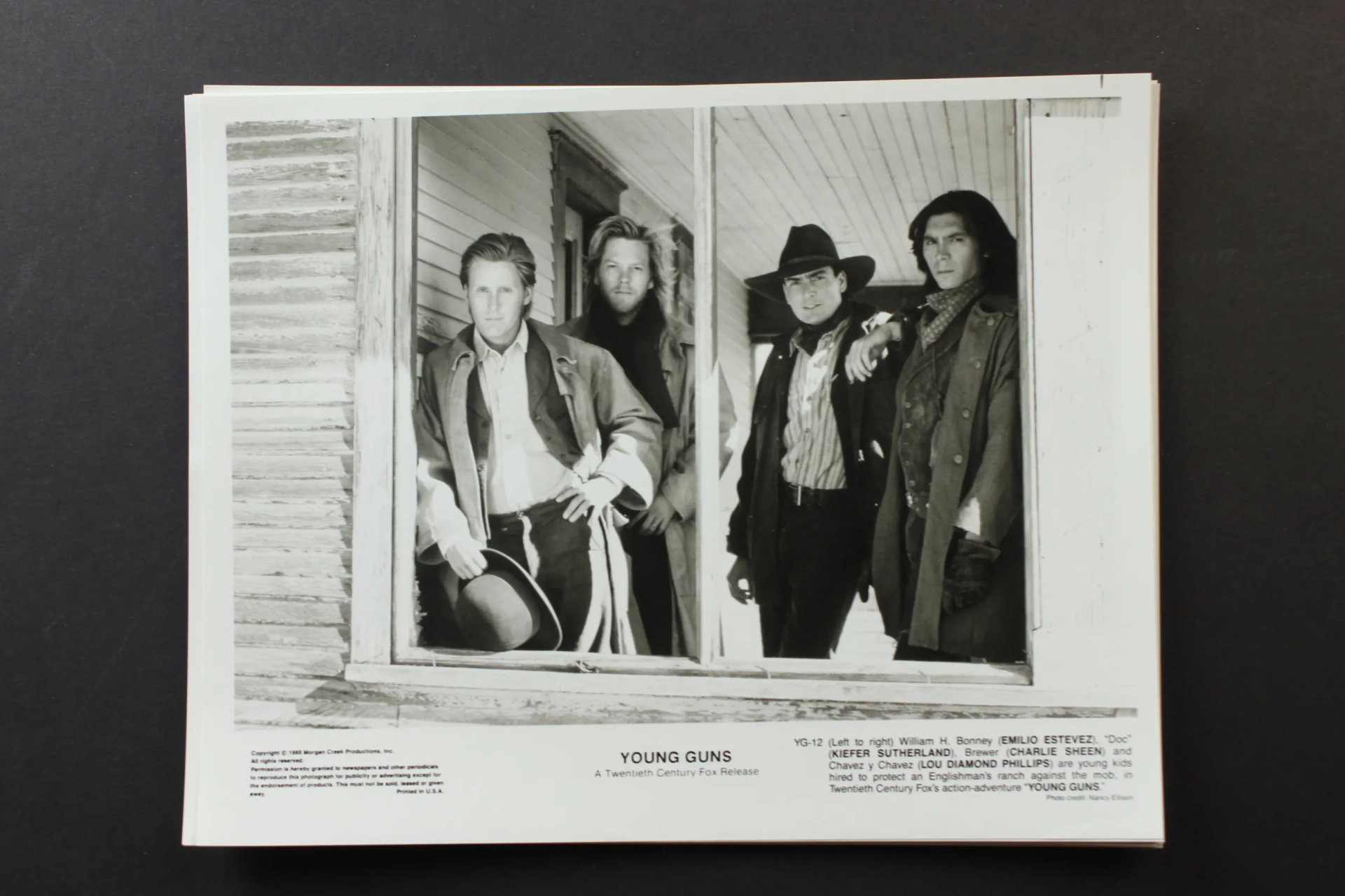 Charlie Sheen, Emilio Estevez, Kiefer Sutherland, and Lou Diamond Phillips in Young Guns (1988)