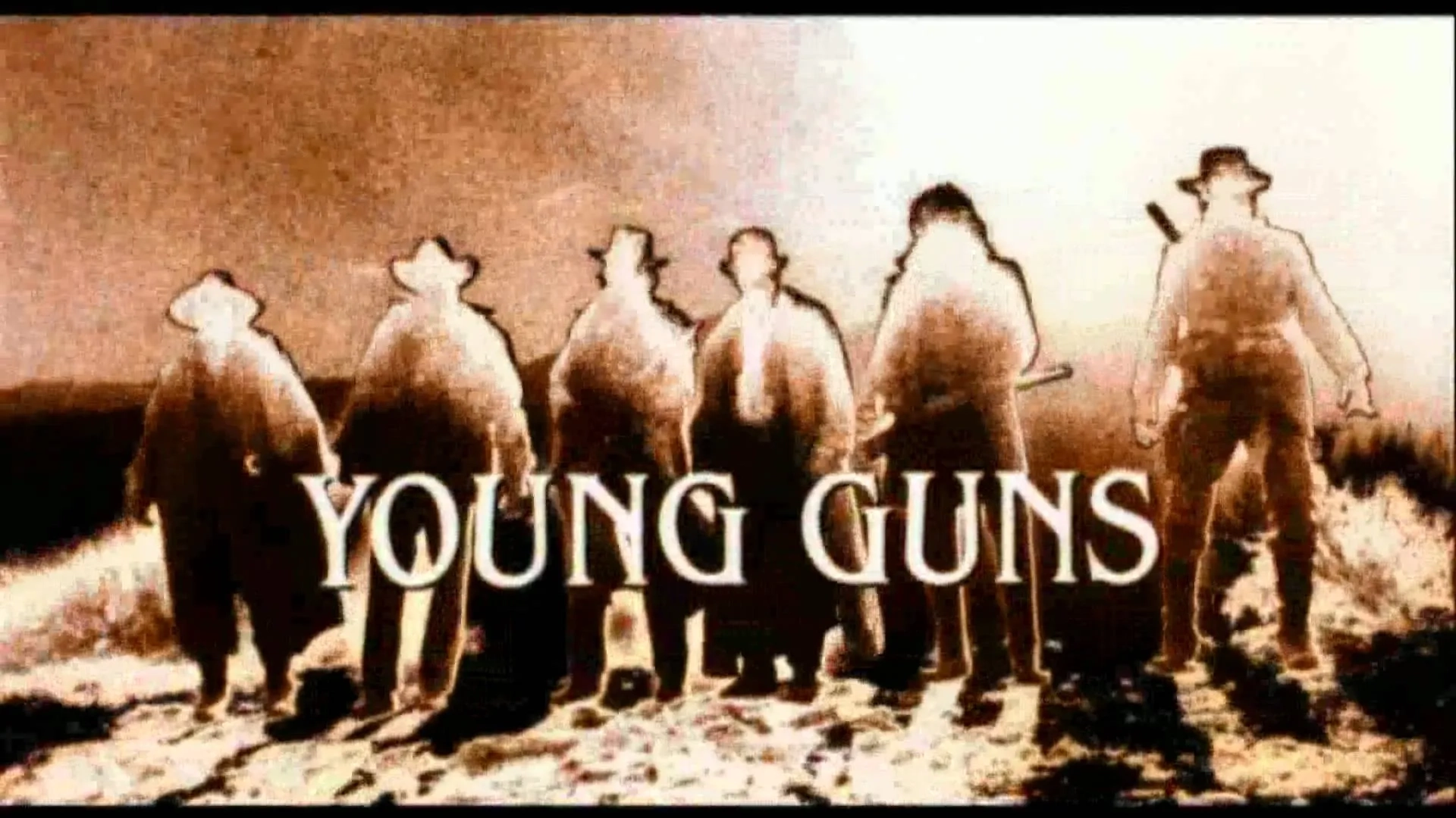 Emilio Estevez, Dermot Mulroney, Kiefer Sutherland, Lou Diamond Phillips, and Casey Siemaszko in Young Guns (1988)