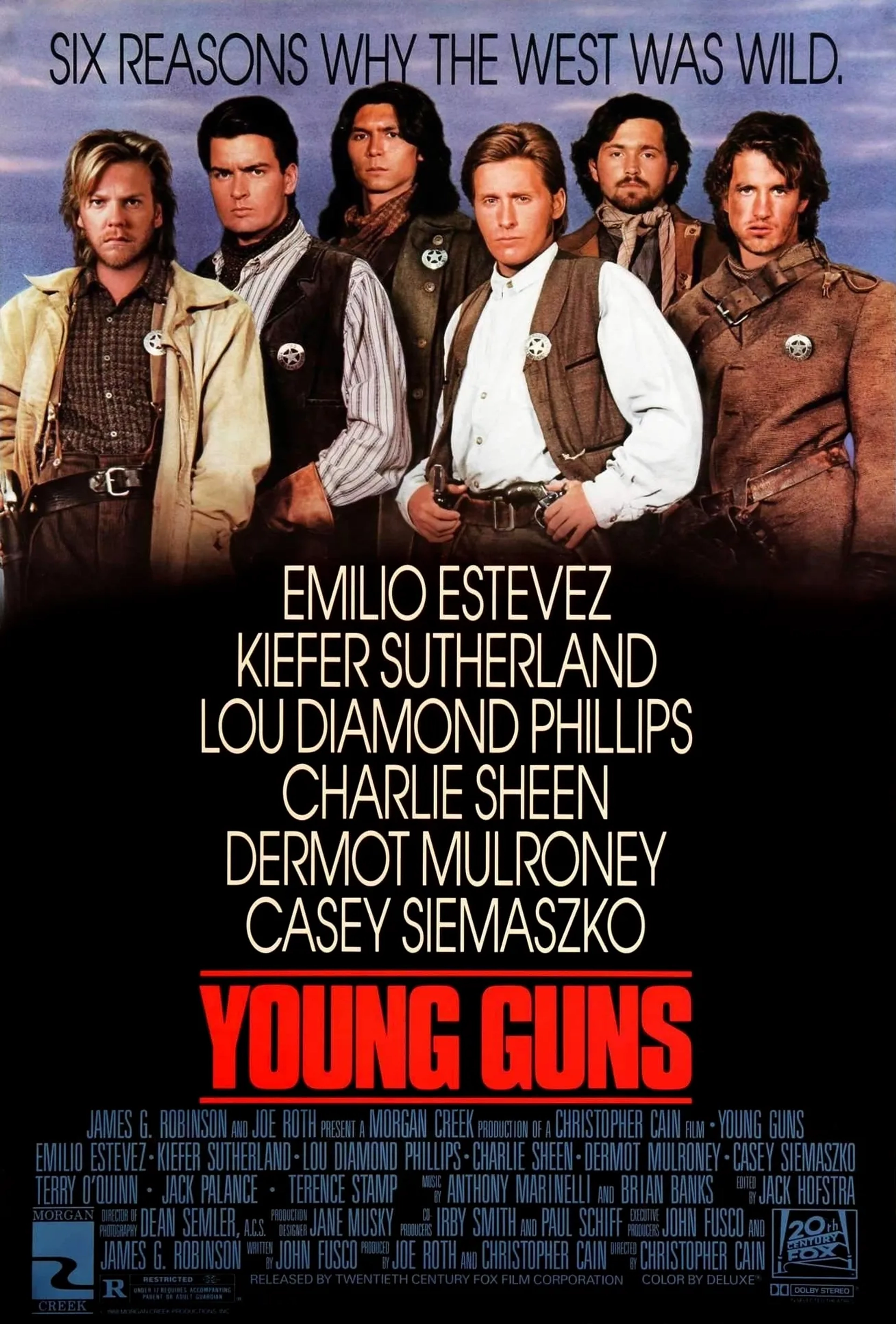 Charlie Sheen, Emilio Estevez, Dermot Mulroney, Kiefer Sutherland, Lou Diamond Phillips, and Casey Siemaszko in Young Guns (1988)