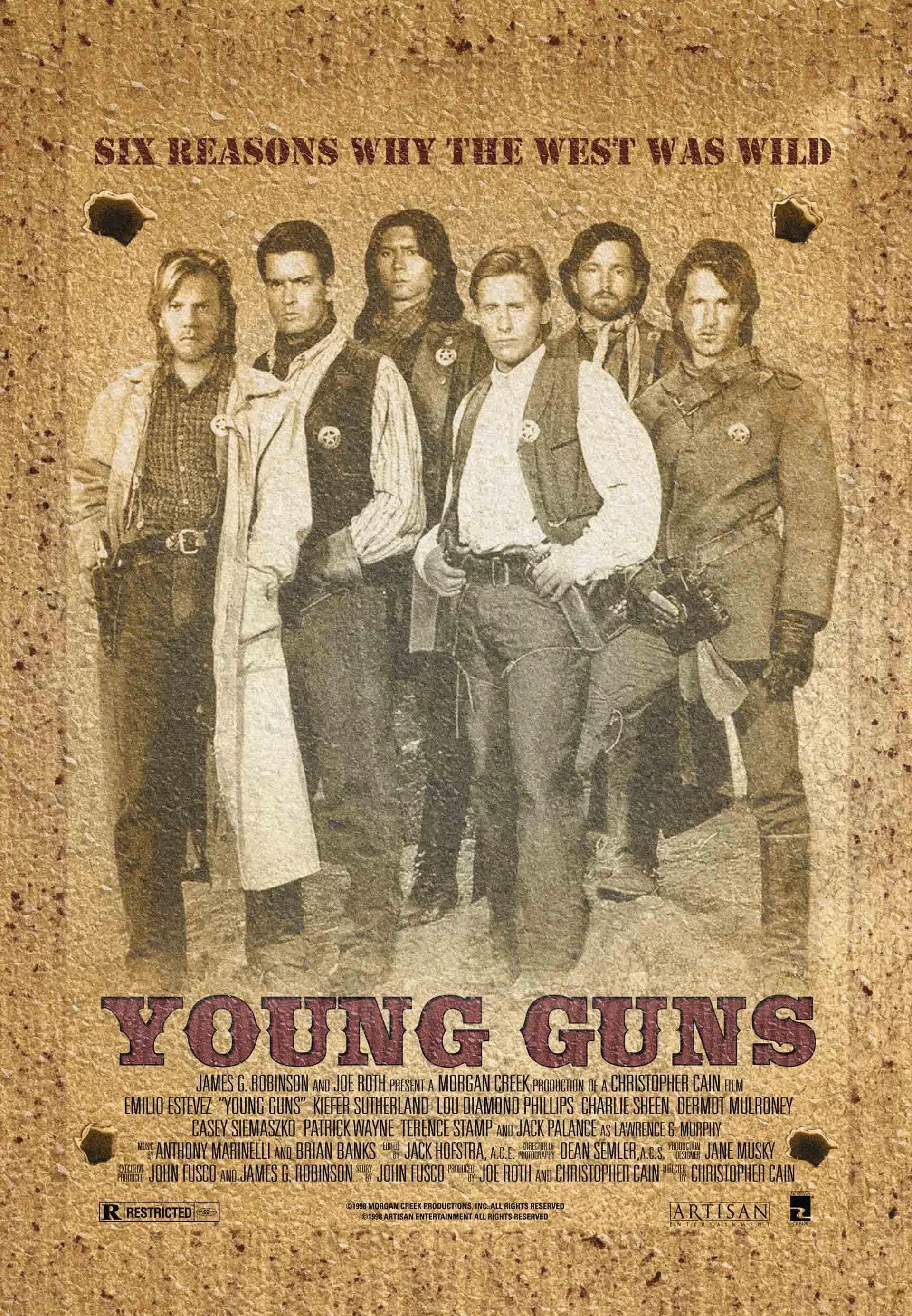 Charlie Sheen, Emilio Estevez, Dermot Mulroney, Kiefer Sutherland, Lou Diamond Phillips, and Casey Siemaszko in Young Guns (1988)