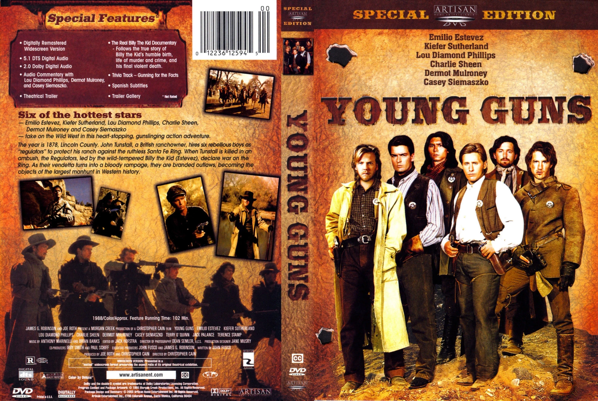 Charlie Sheen, Emilio Estevez, Dermot Mulroney, Kiefer Sutherland, Lou Diamond Phillips, and Casey Siemaszko in Young Guns (1988)