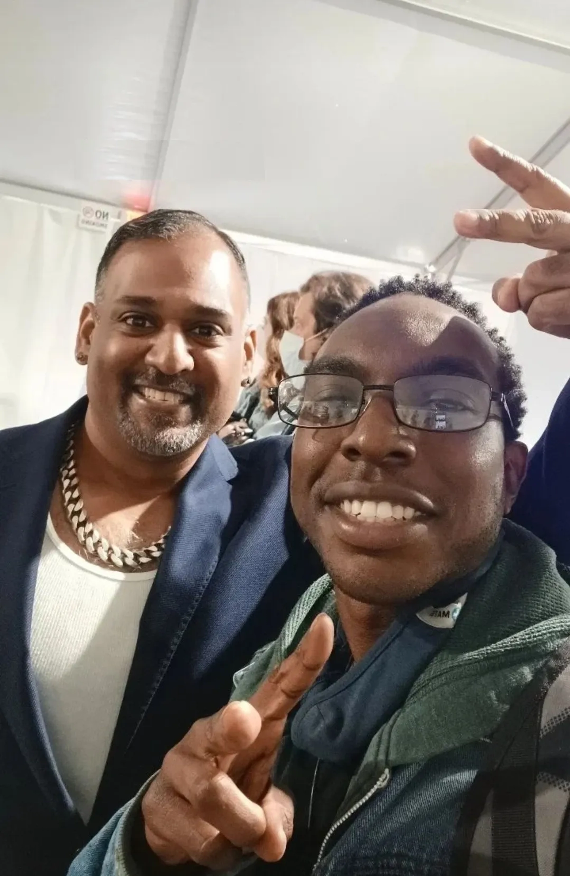 Lovell Gates and Jerry Beharry on the set of The Guardians of the Galaxy Holiday Special.