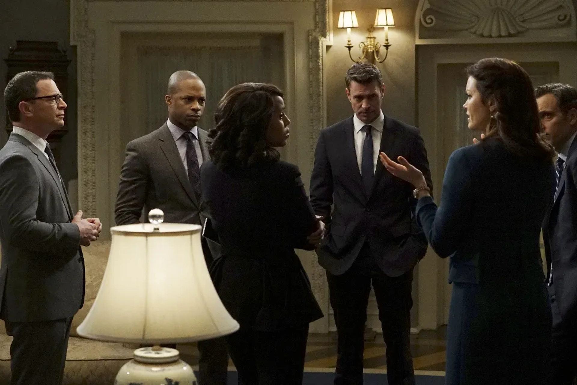 Tony Goldwyn, Scott Foley, Joshua Malina, Kerry Washington, Bellamy Young, and Cornelius Smith Jr. in Scandal (2012)