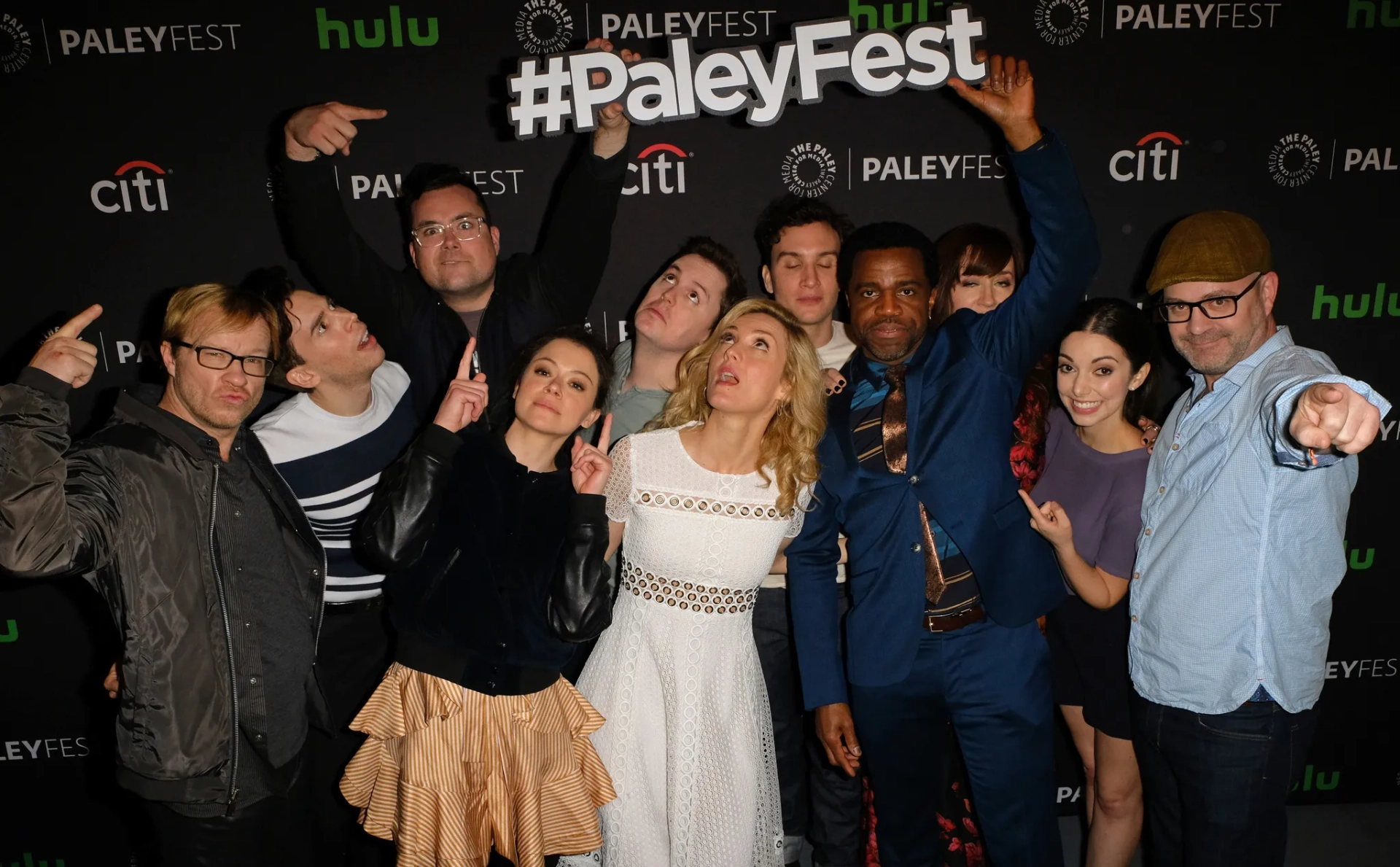 John Fawcett, Kevin Hanchard, Maria Doyle Kennedy, Graeme Manson, Tatiana Maslany, Kristian Bruun, Ari Millen, Jordan Gavaris, Evelyne Brochu, Kathryn Alexandre, and Josh Vokey at an event for Orphan Black (2013)