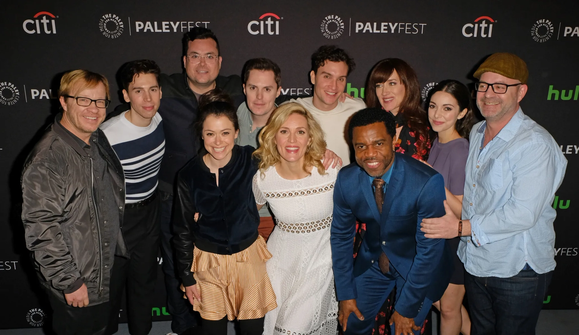 John Fawcett, Kevin Hanchard, Maria Doyle Kennedy, Graeme Manson, Tatiana Maslany, Kristian Bruun, Ari Millen, Jordan Gavaris, Evelyne Brochu, Kathryn Alexandre, and Josh Vokey at an event for Orphan Black (2013)