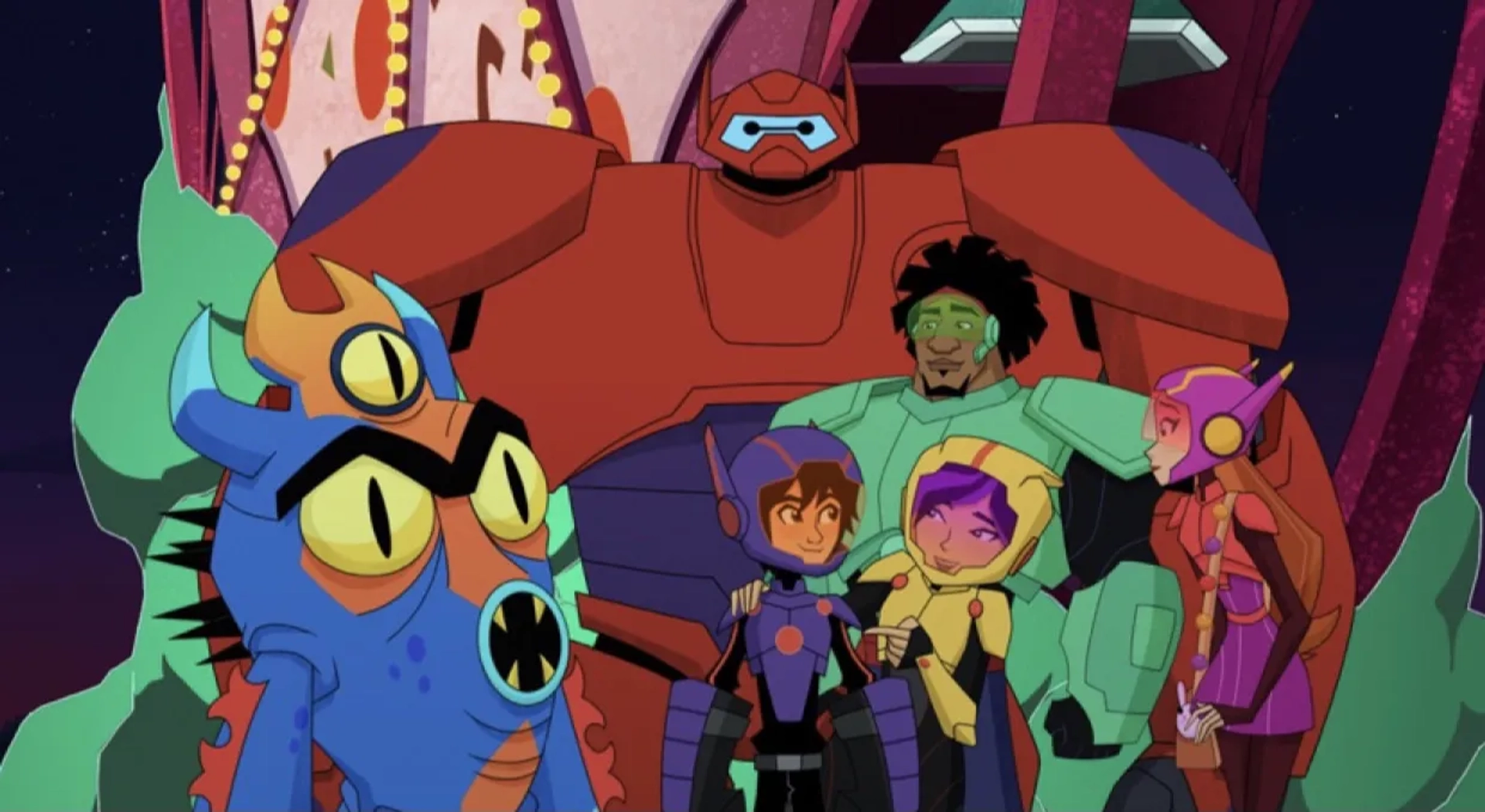 Scott Adsit, Khary Payton, Genesis Rodriguez, Jamie Chung, Ryan Potter, and Brooks Wheelan in Big Hero 6: The Series: The Hyper-Potamus Pizza-Party-Torium (2020)