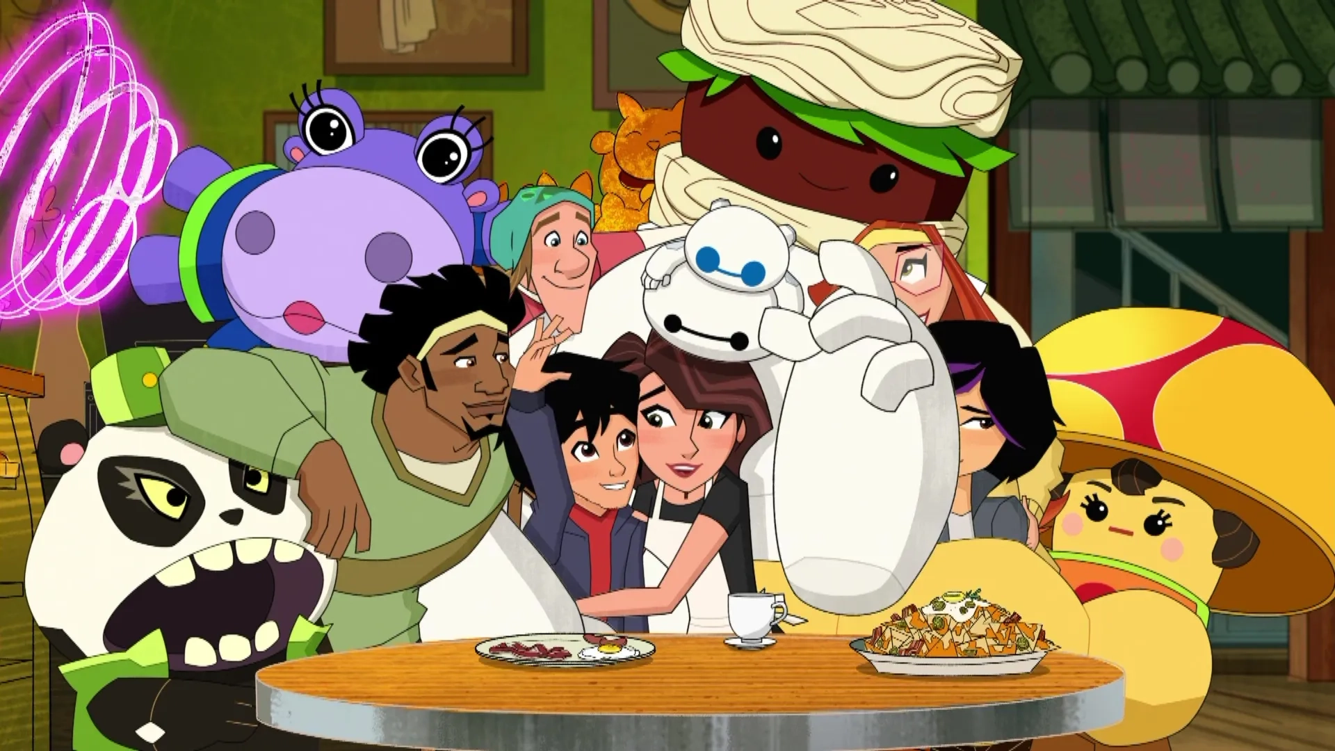 Scott Adsit, Maya Rudolph, Khary Payton, Genesis Rodriguez, Jamie Chung, Ryan Potter, and Brooks Wheelan in Big Hero 6: The Series: Krei-oke Night/The Mascot Upshot (2021)