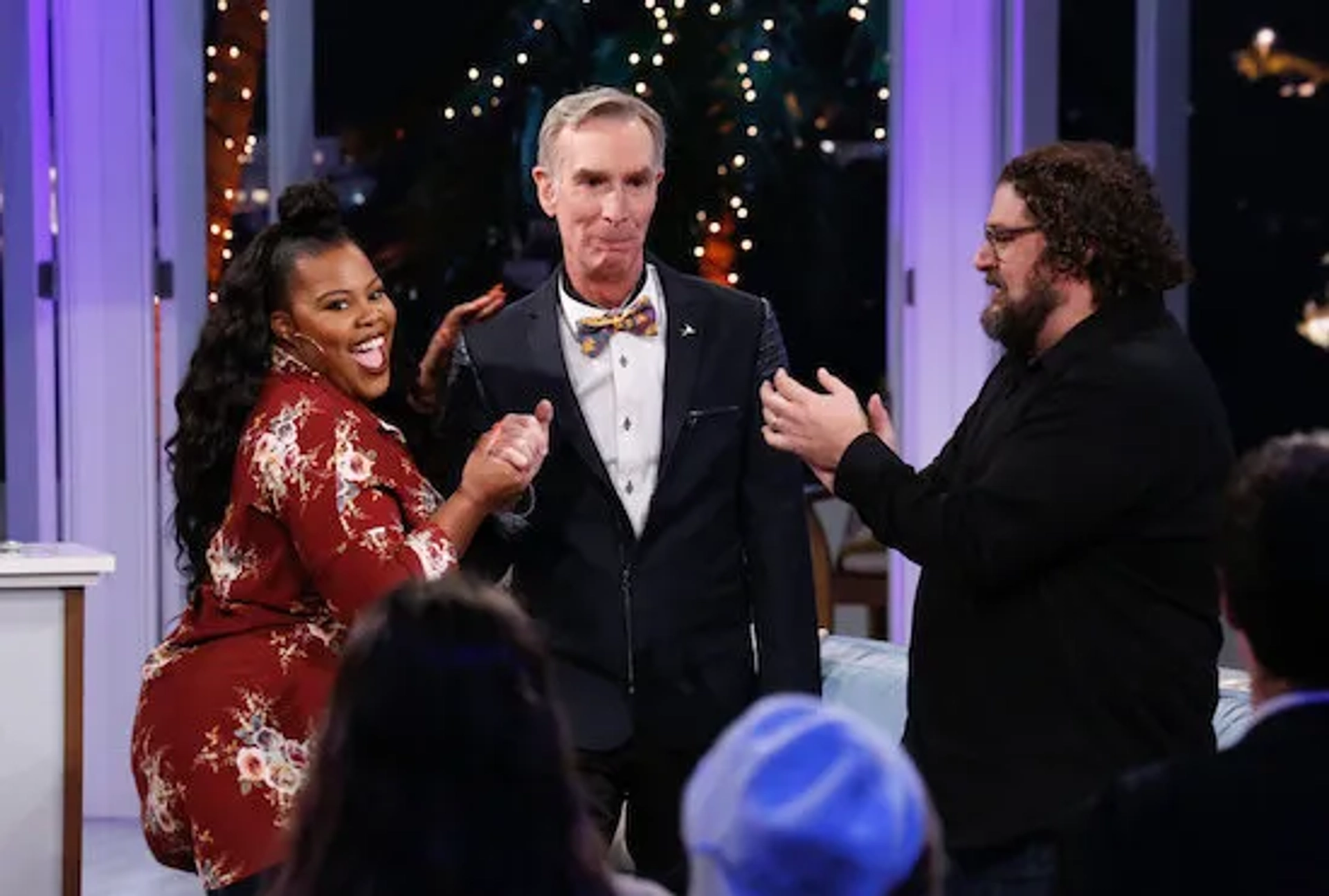 Bill Nye, Bobby Moynihan, and Amber Riley in Hollywood Game Night: Bill Nye the Game Night Guy (2020)