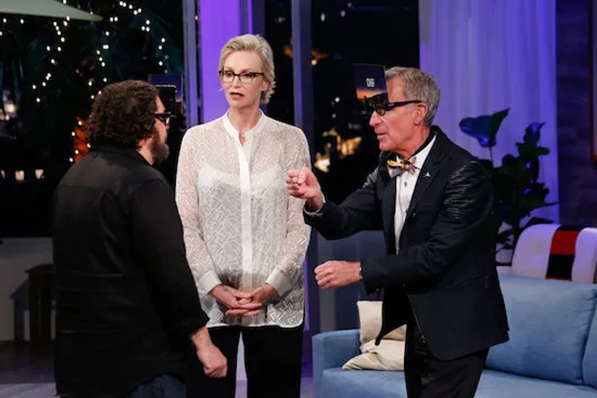 Jane Lynch, Bill Nye, and Bobby Moynihan in Hollywood Game Night: Bill Nye the Game Night Guy (2020)