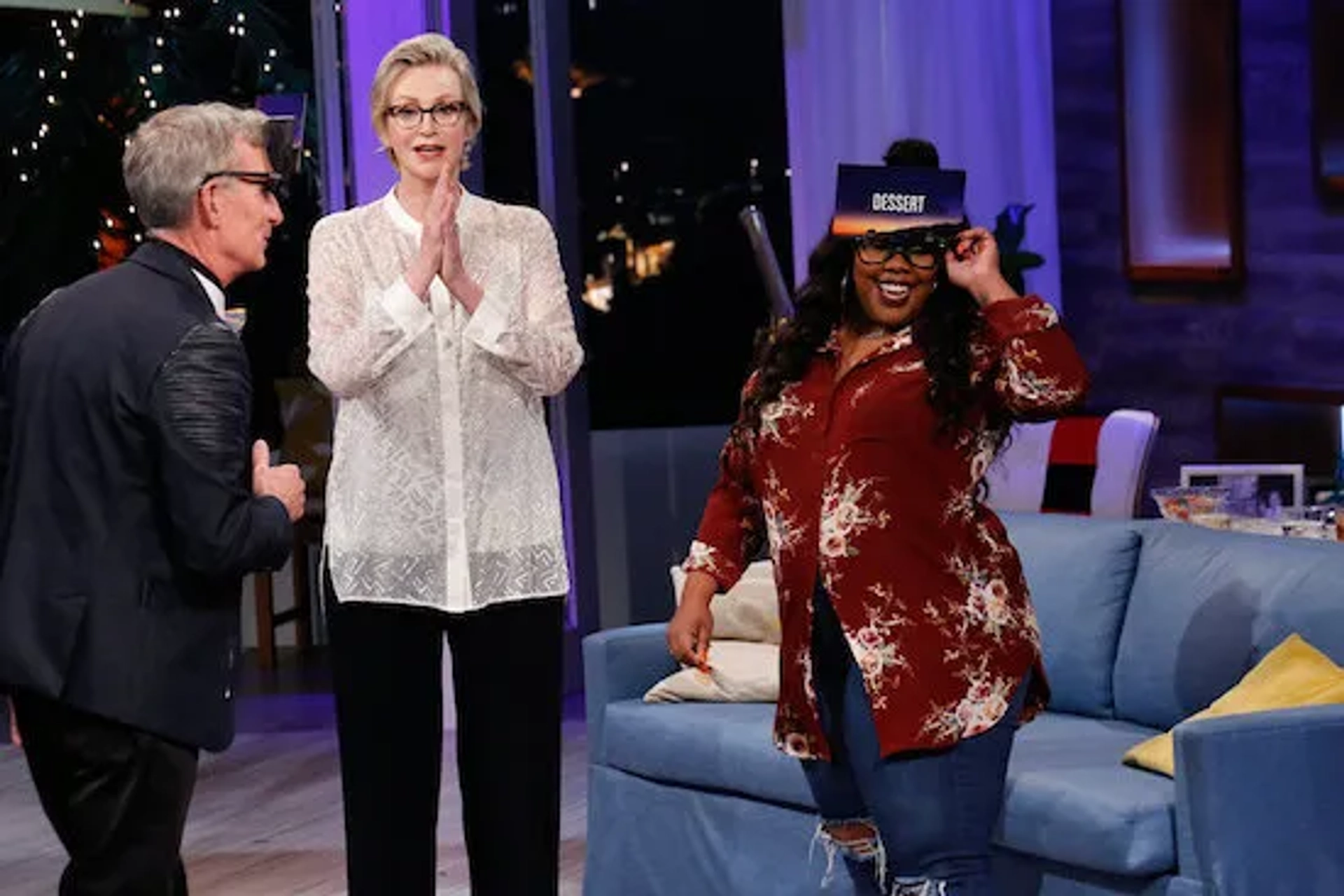 Jane Lynch, Bill Nye, and Amber Riley in Hollywood Game Night: Bill Nye the Game Night Guy (2020)