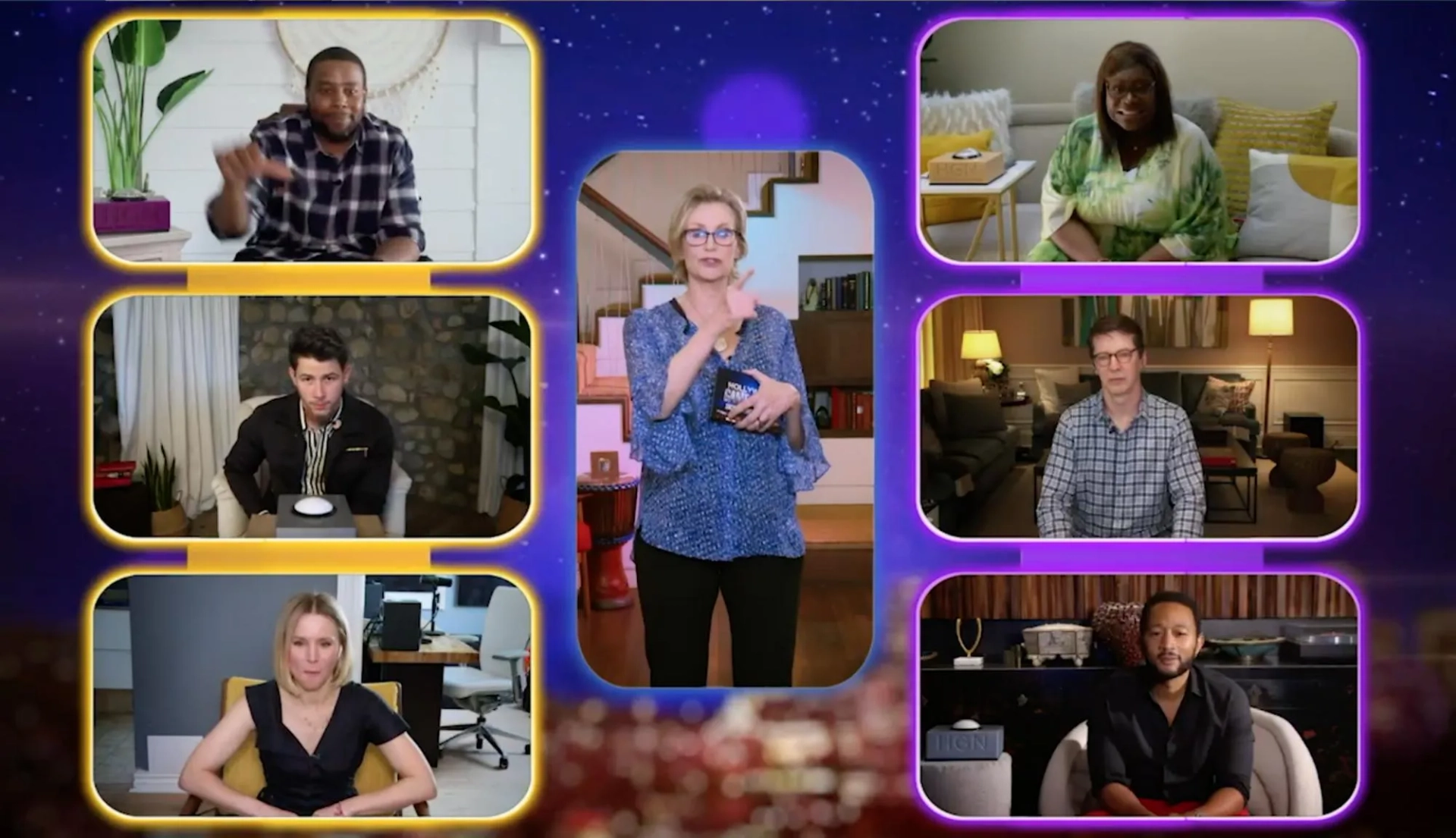 Sean Hayes, Kristen Bell, Jane Lynch, Retta, Kenan Thompson, John Legend, and Nick Jonas in Hollywood Game Night: Social Distancing Edition (2020)