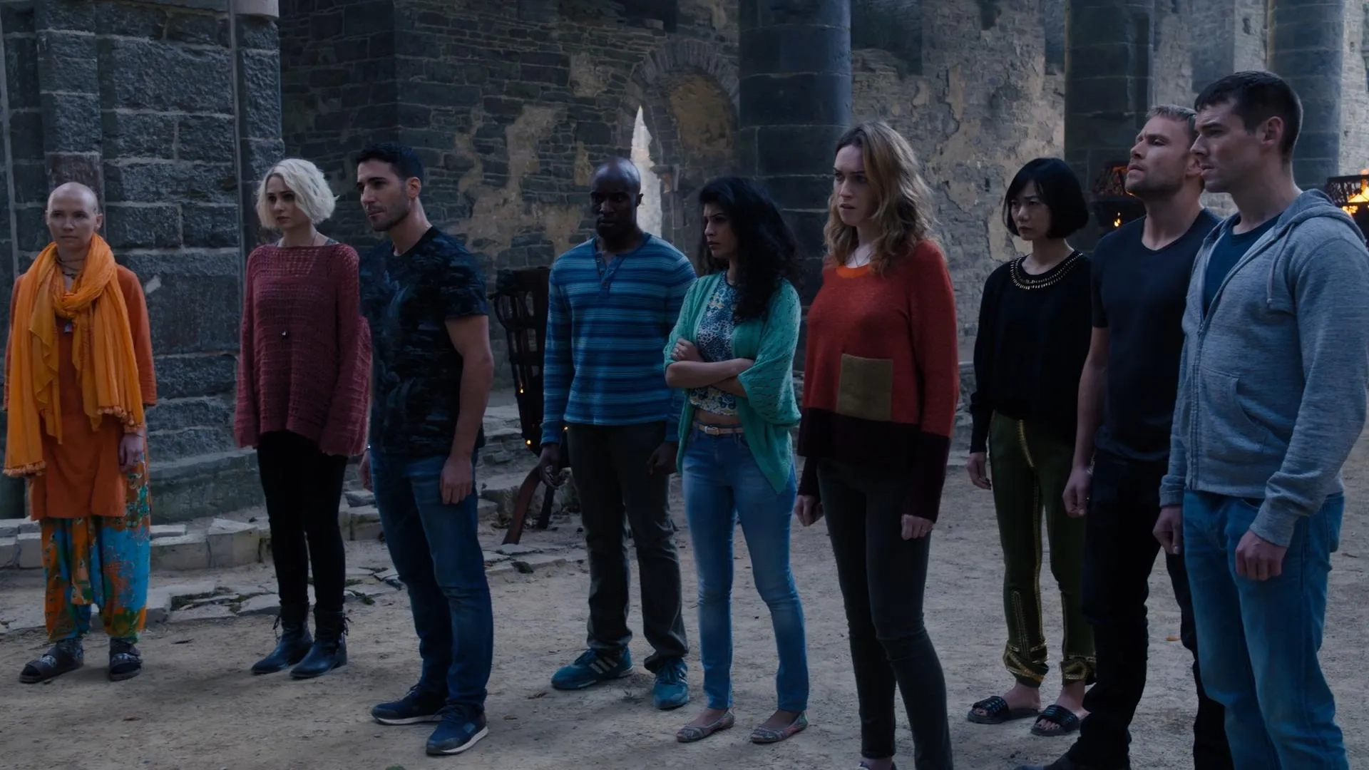 Bae Doona, Max Riemelt, Brian J. Smith, Miguel Ángel Silvestre, Tuppence Middleton, Tina Desai, Jamie Clayton, and Toby Onwumere in Sense8 (2015)