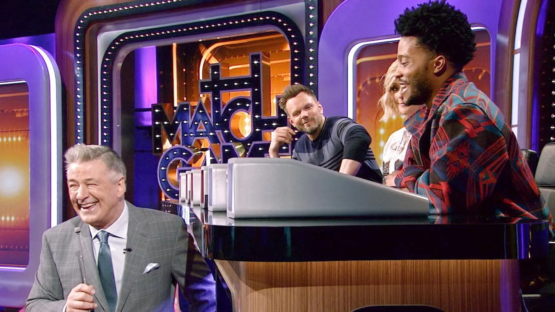 Alec Baldwin, Jane Krakowski, Joel McHale, and Jermaine Fowler in Match Game: Joel McHale, Jane Krakowski, Jermaine Fowler, Caroline Rhea, Skylar Astin, Retta (2020)